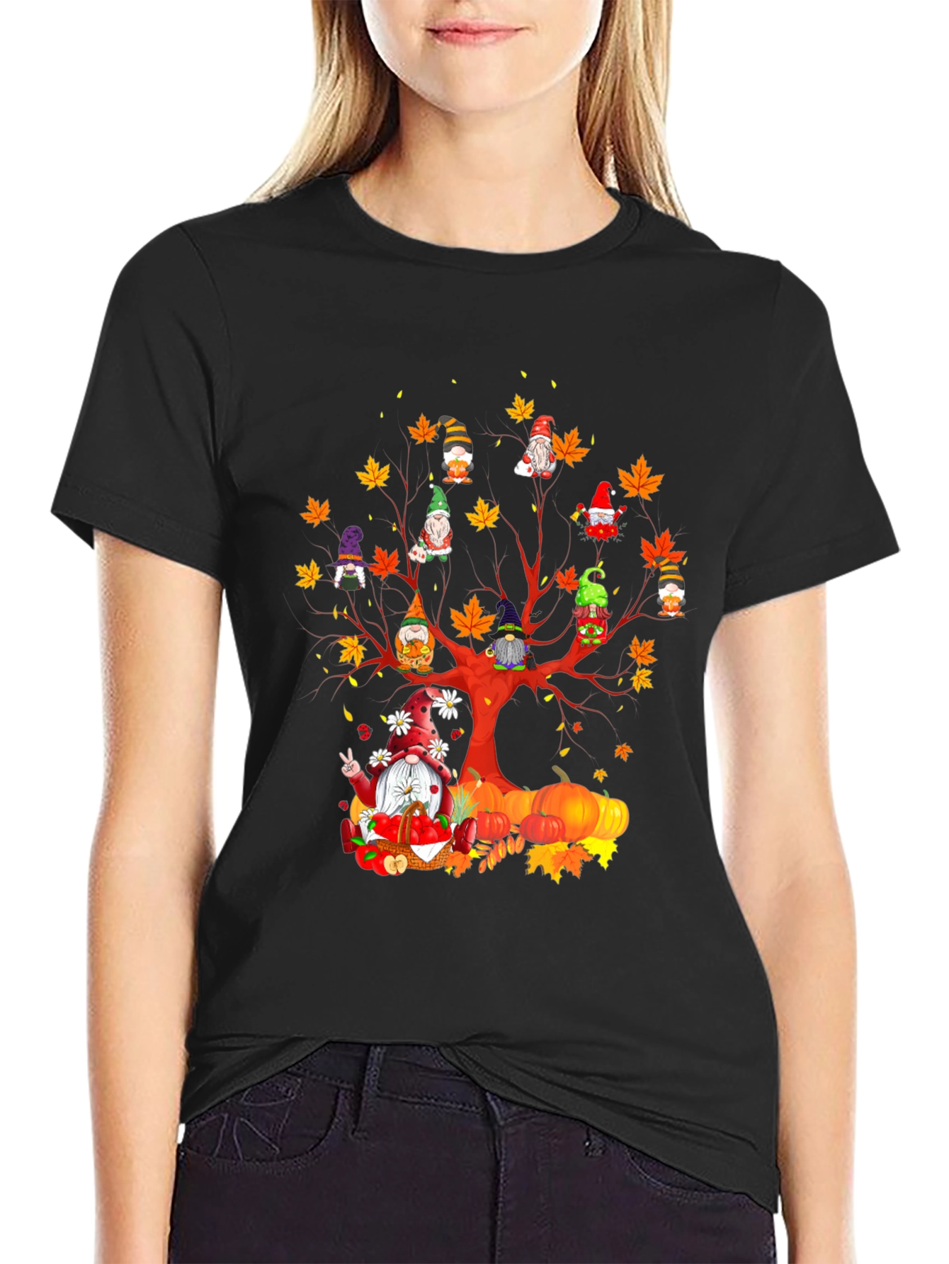 Black Fall Gnomes T-Shirt - Autumn Harvest Tree Design view 2