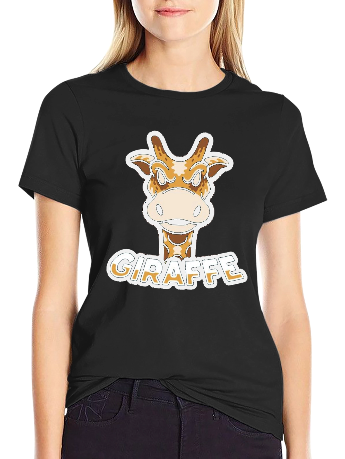 Black Funny Giraffe Cartoon T-Shirt - Novelty Graphic Tee view 2