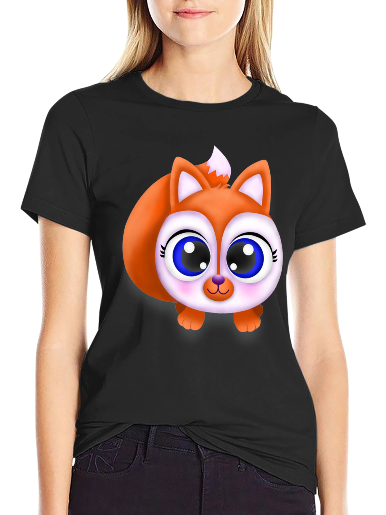 Black Cute Fox Graphic Tee - Black Cotton Blend Shirt view 2