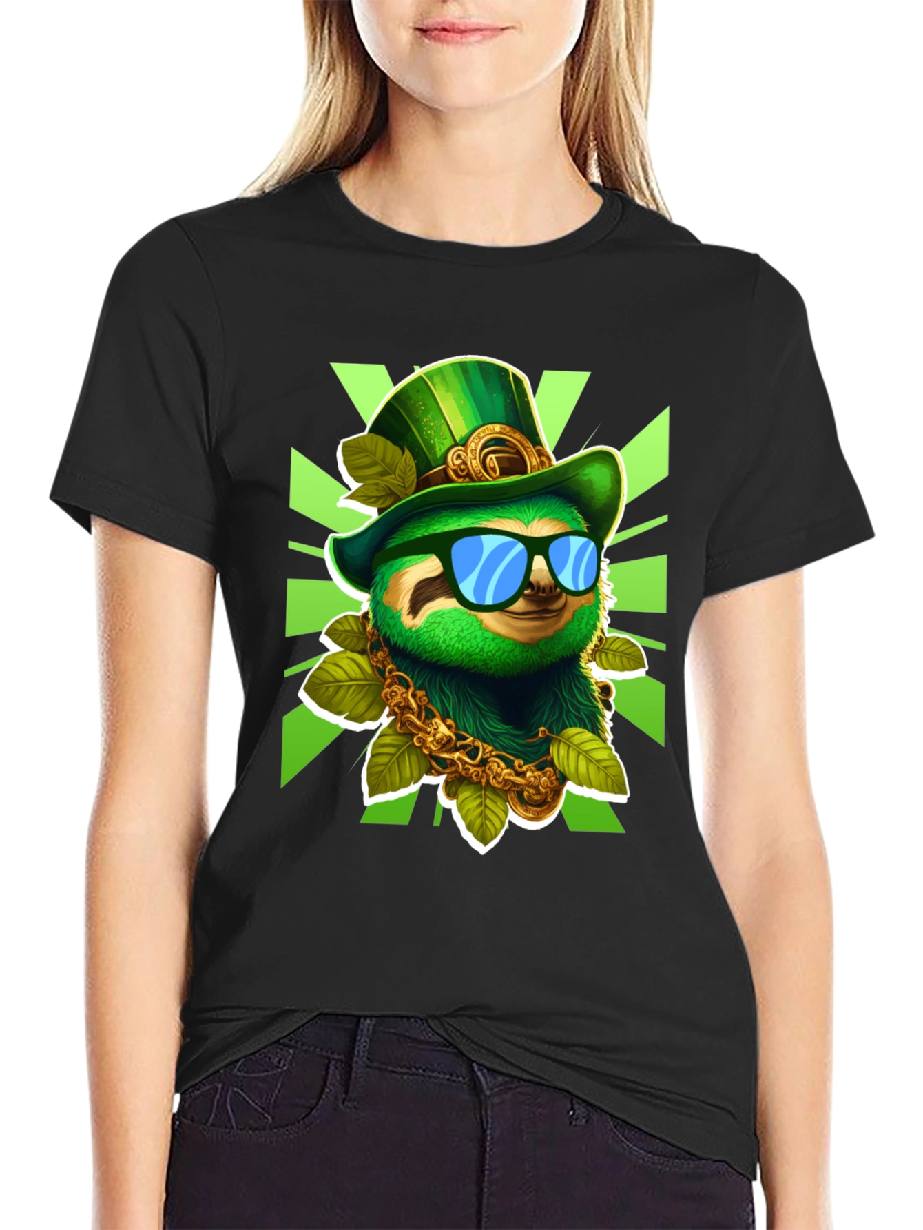 Black Lucky Sloth St. Patrick's Day T-Shirt view 2