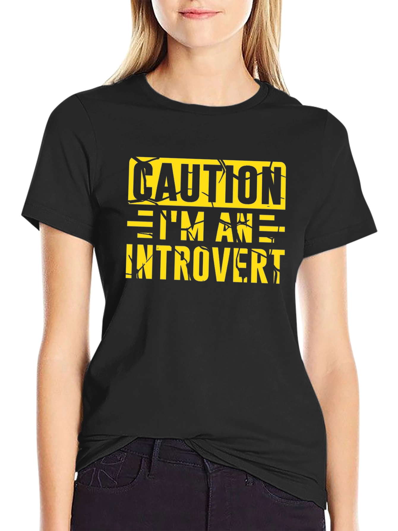 Black Caution Introvert Graphic Tee - Black Crew Neck view 2