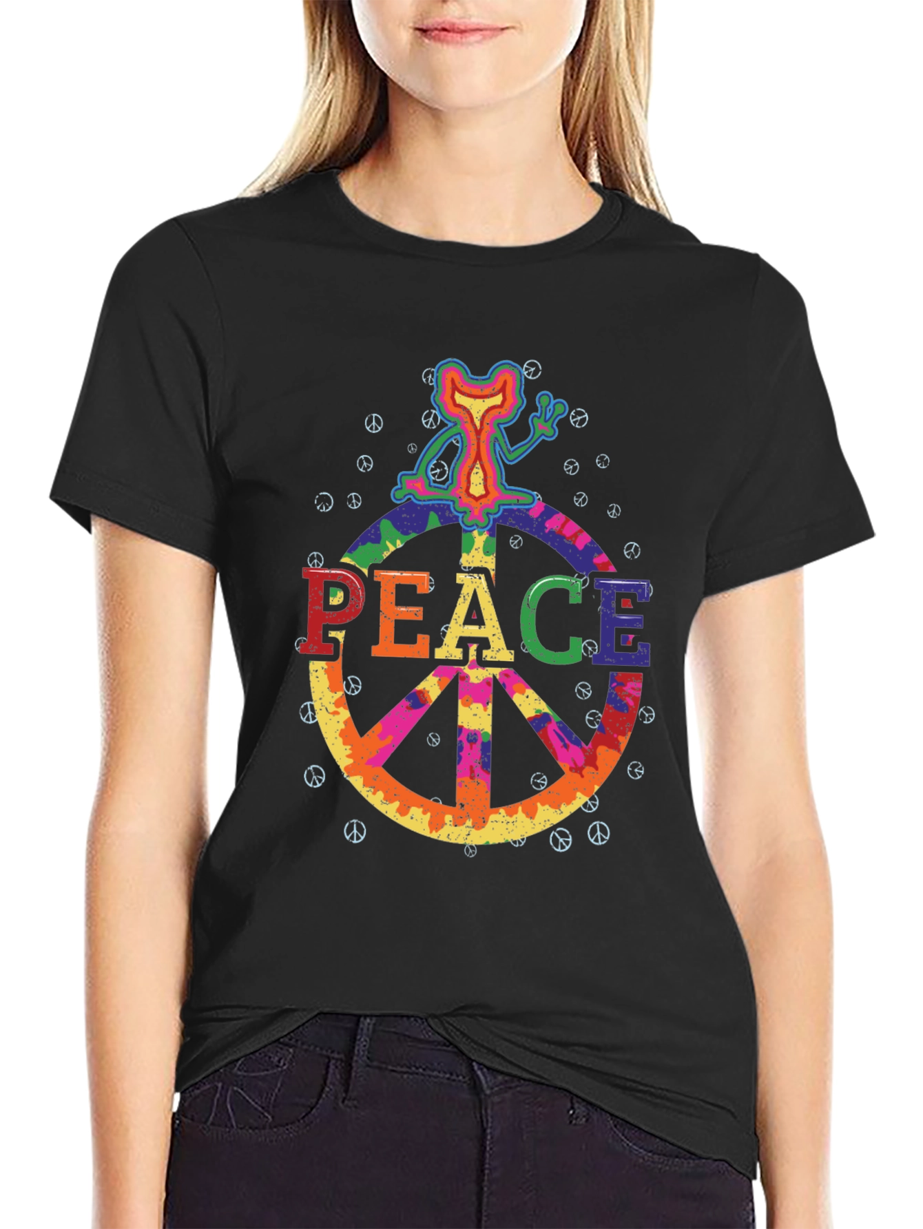 Black Retro Peace Sign Graphic Tee - Black Cotton T-Shirt view 2