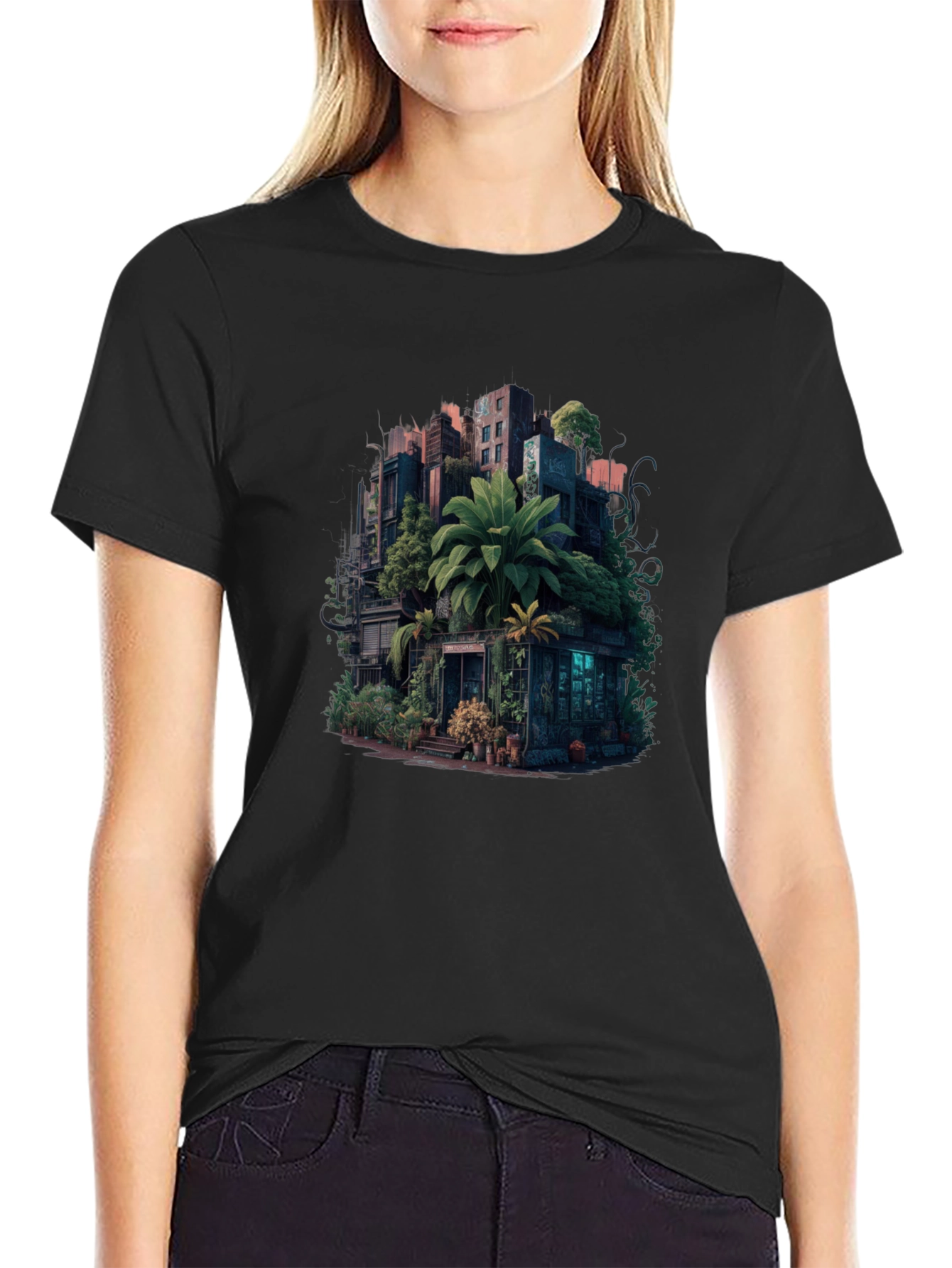 Black Urban Jungle T-Shirt: City Meets Nature Tee view 2