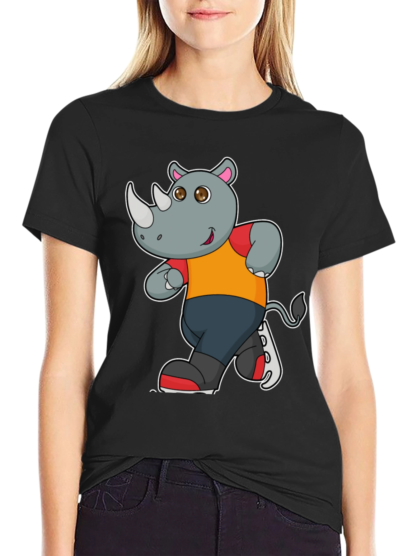 Black Rhino Cartoon Graphic T-Shirt - Black Cotton Tee view 2