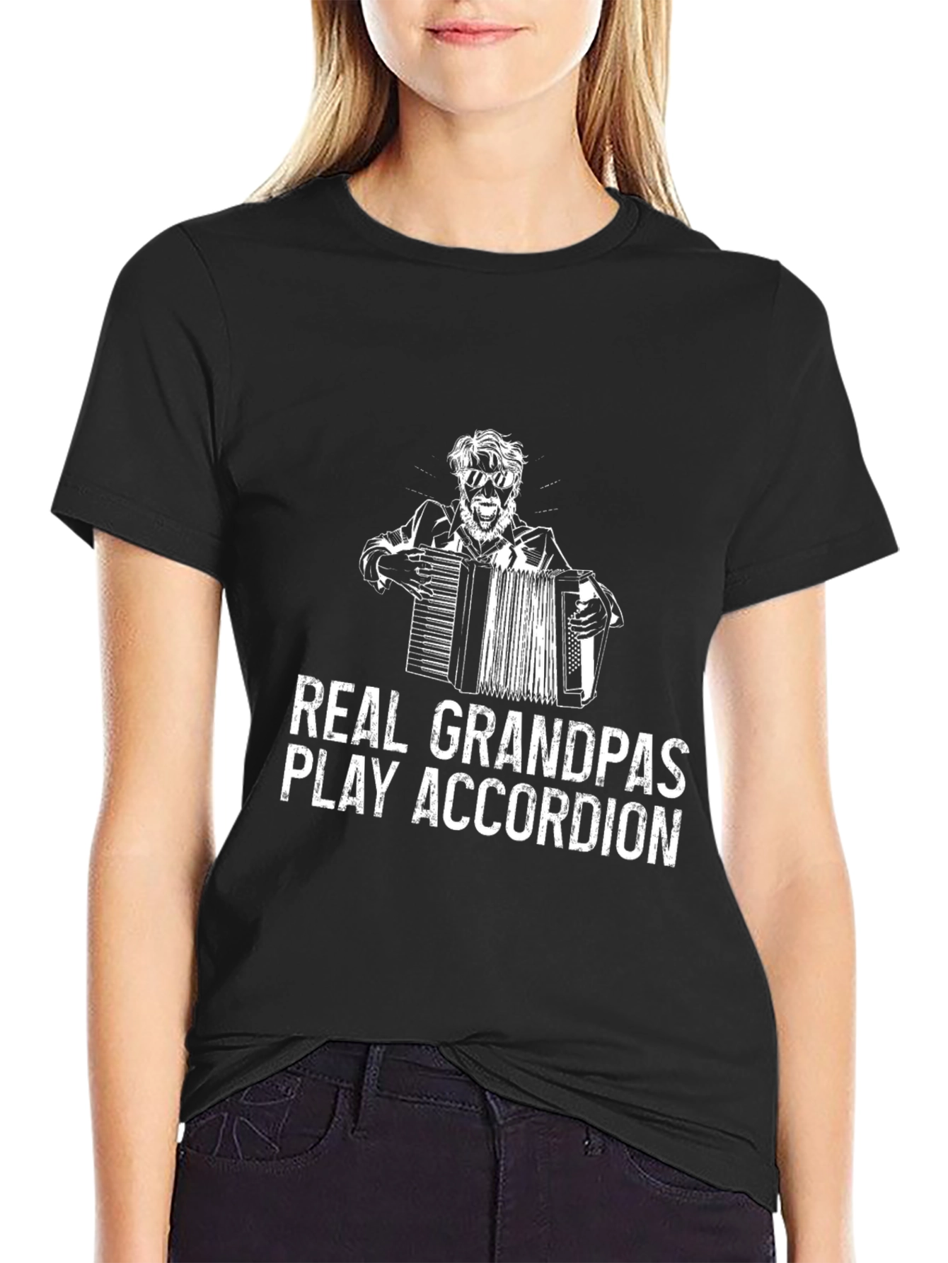 Black Real Grandpas Play Accordion Black T-Shirt view 2