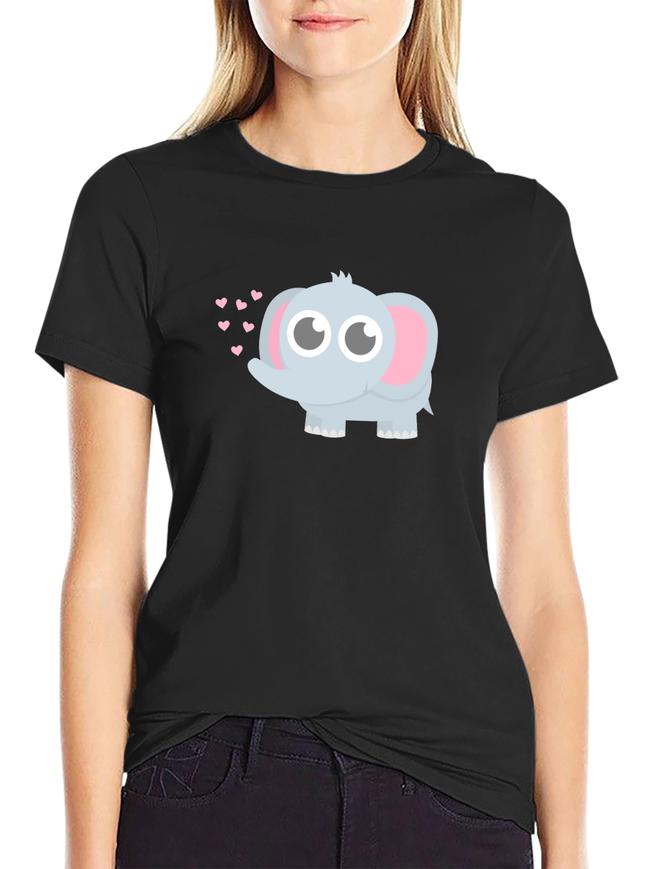 Black Cute Elephant Heart Graphic Black T-Shirt view 2