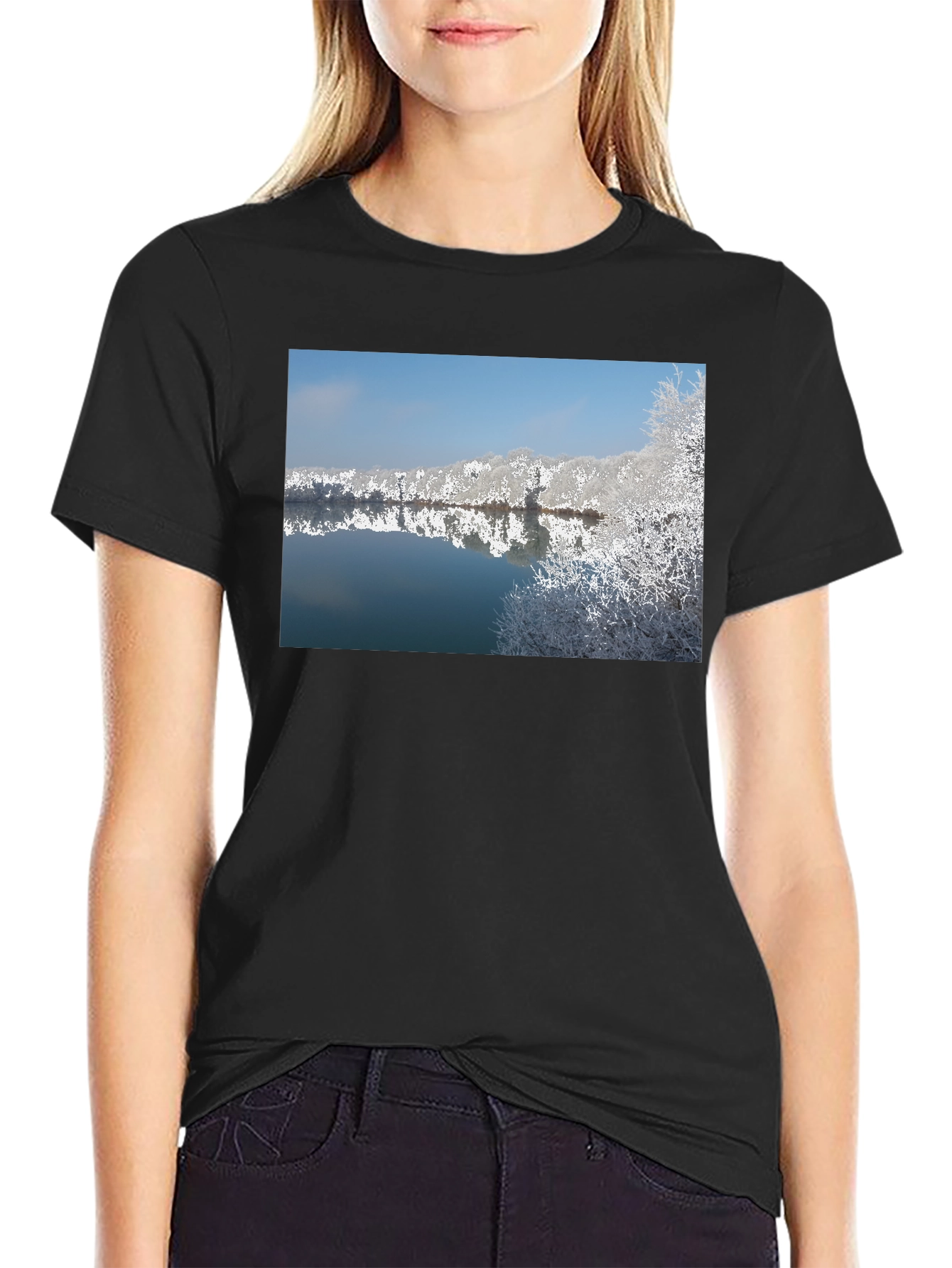 Black Winter Lake Reflection Black T-Shirt view 2