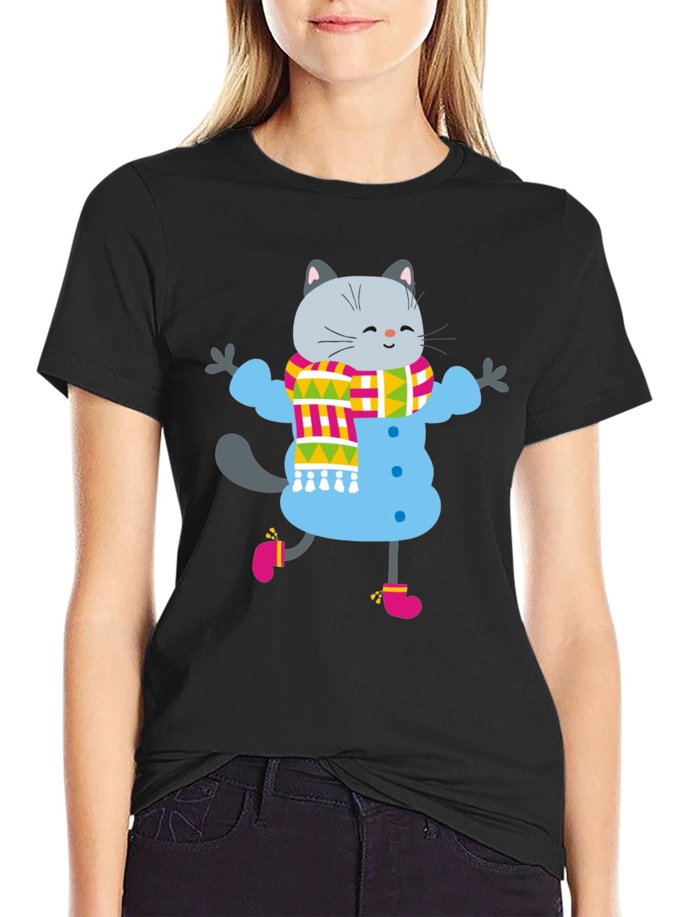 Black Winter Cat Graphic Tee - Fun & Festive view 2