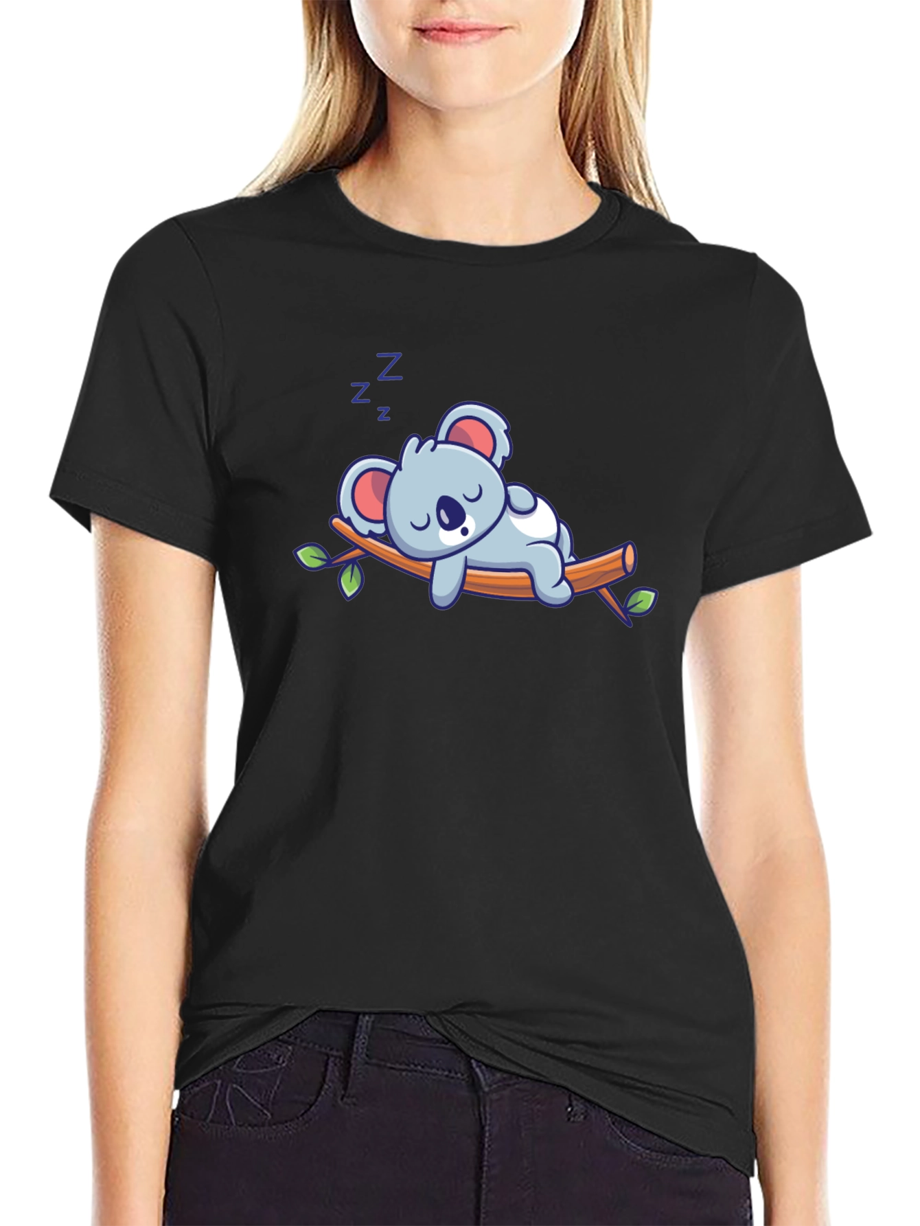 Black Cute Sleeping Koala T-Shirt - Soft Cotton Blend view 2