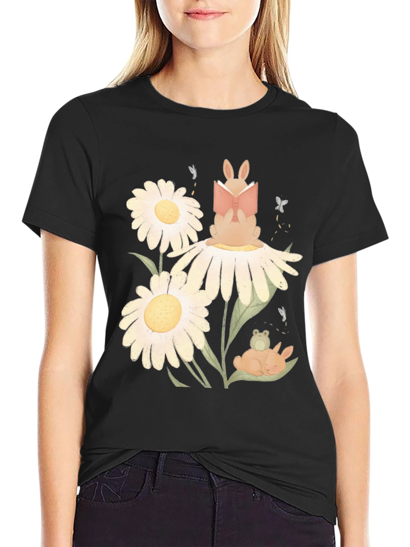 Black Whimsical Reading Bunny Graphic Tee view 2