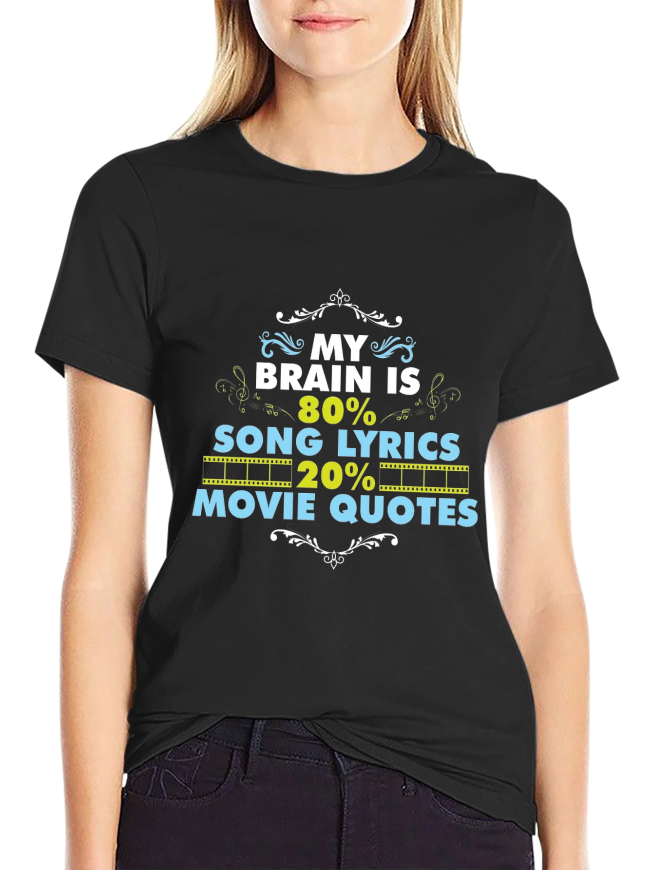 Black Brain 80% Song Lyrics, 20% Movie Quotes Black T-Shirt view 2
