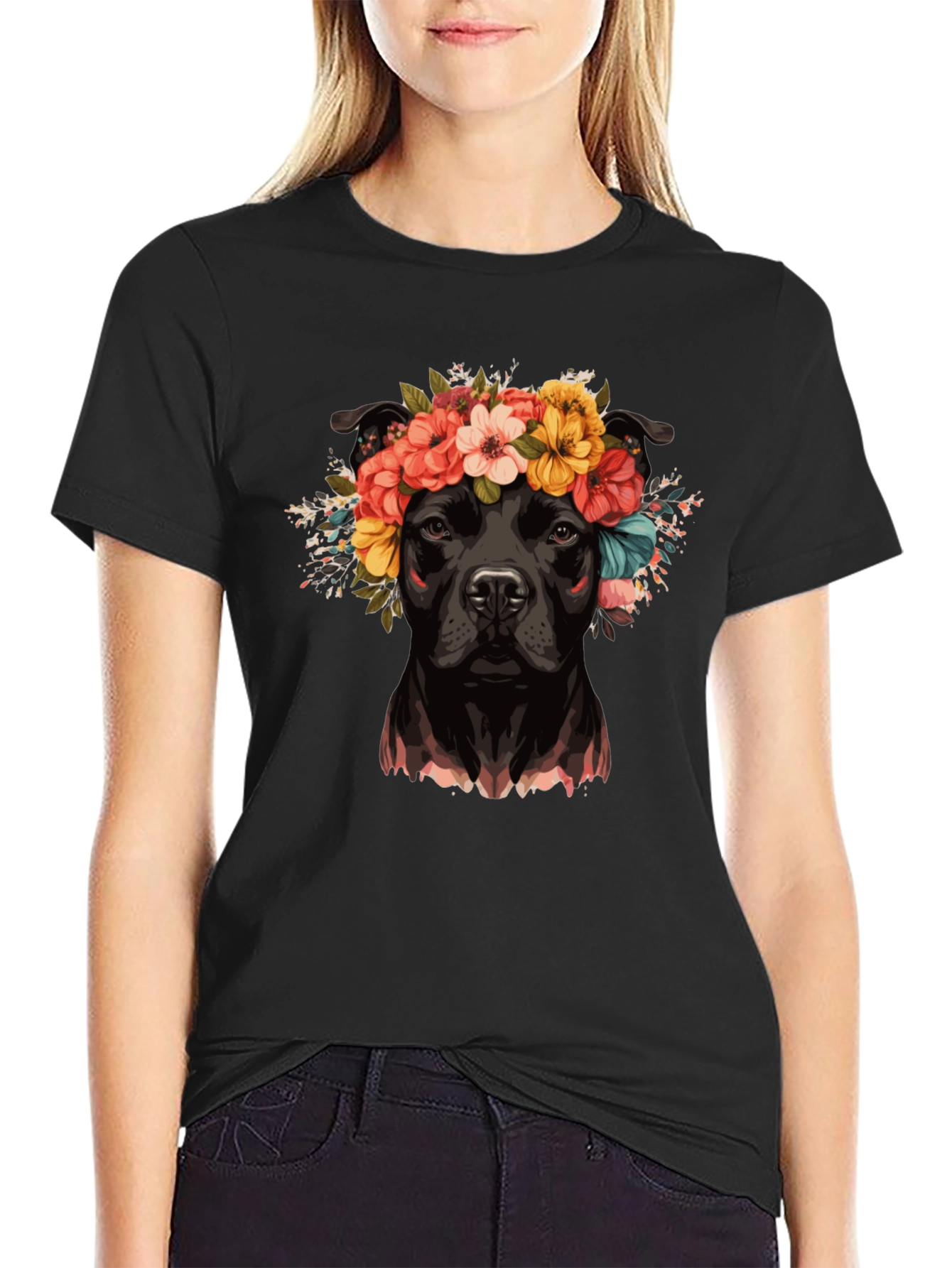 Black Dog with Flower Crown T-Shirt view 2