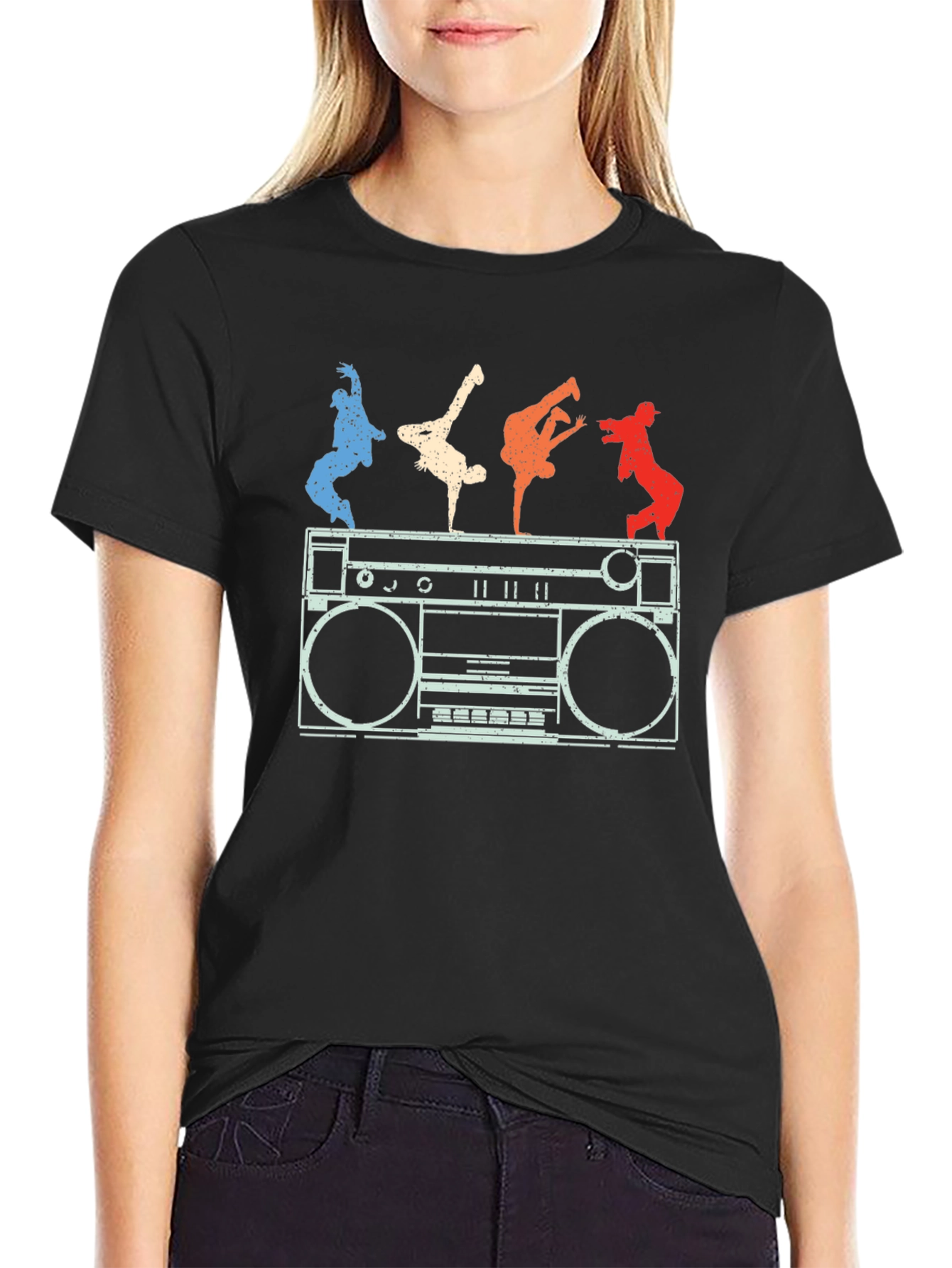 Black Retro Boombox & B-Boys Graphic T-Shirt view 2