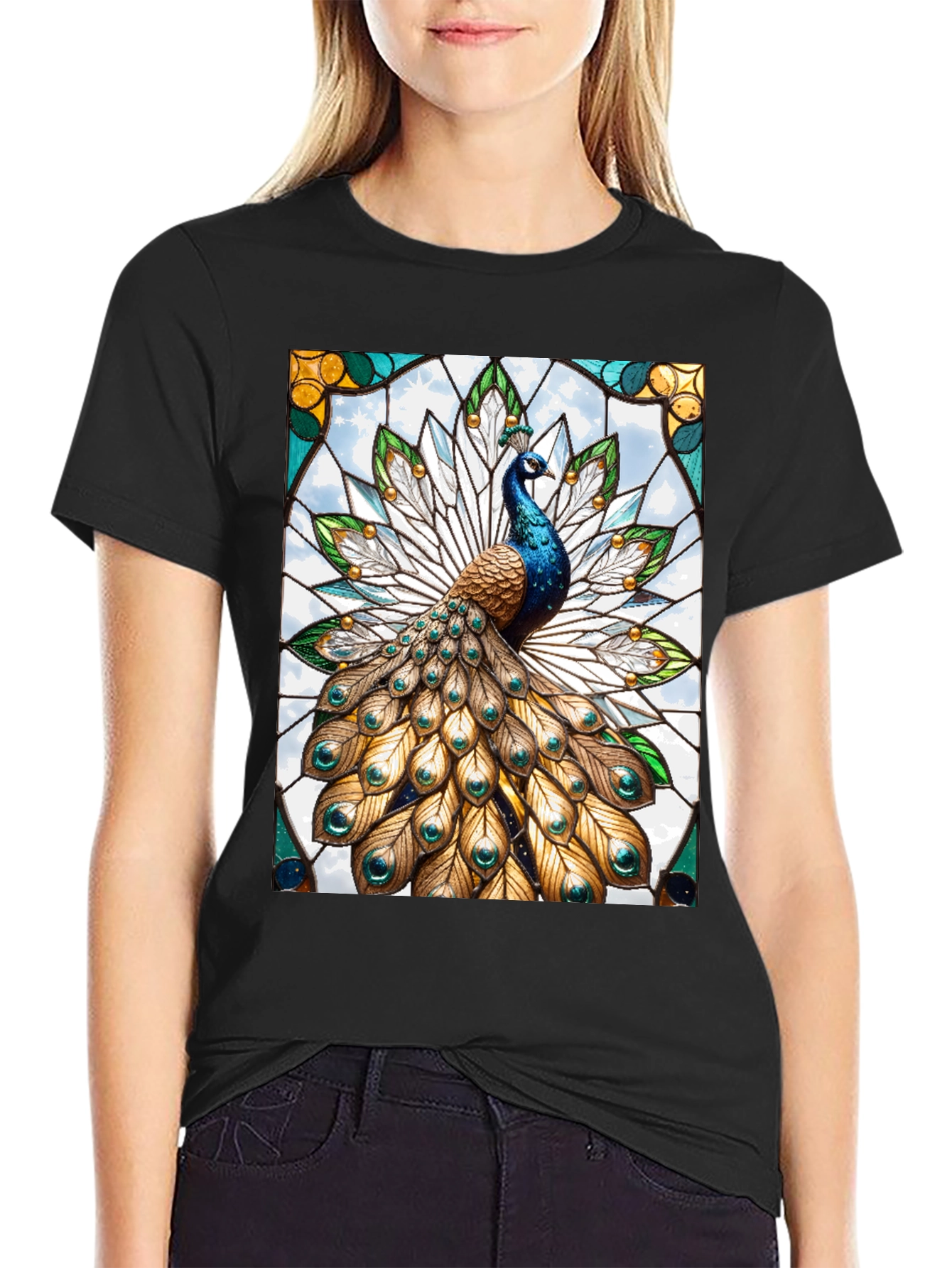 Black Peacock Stained Glass Graphic T-Shirt view 2