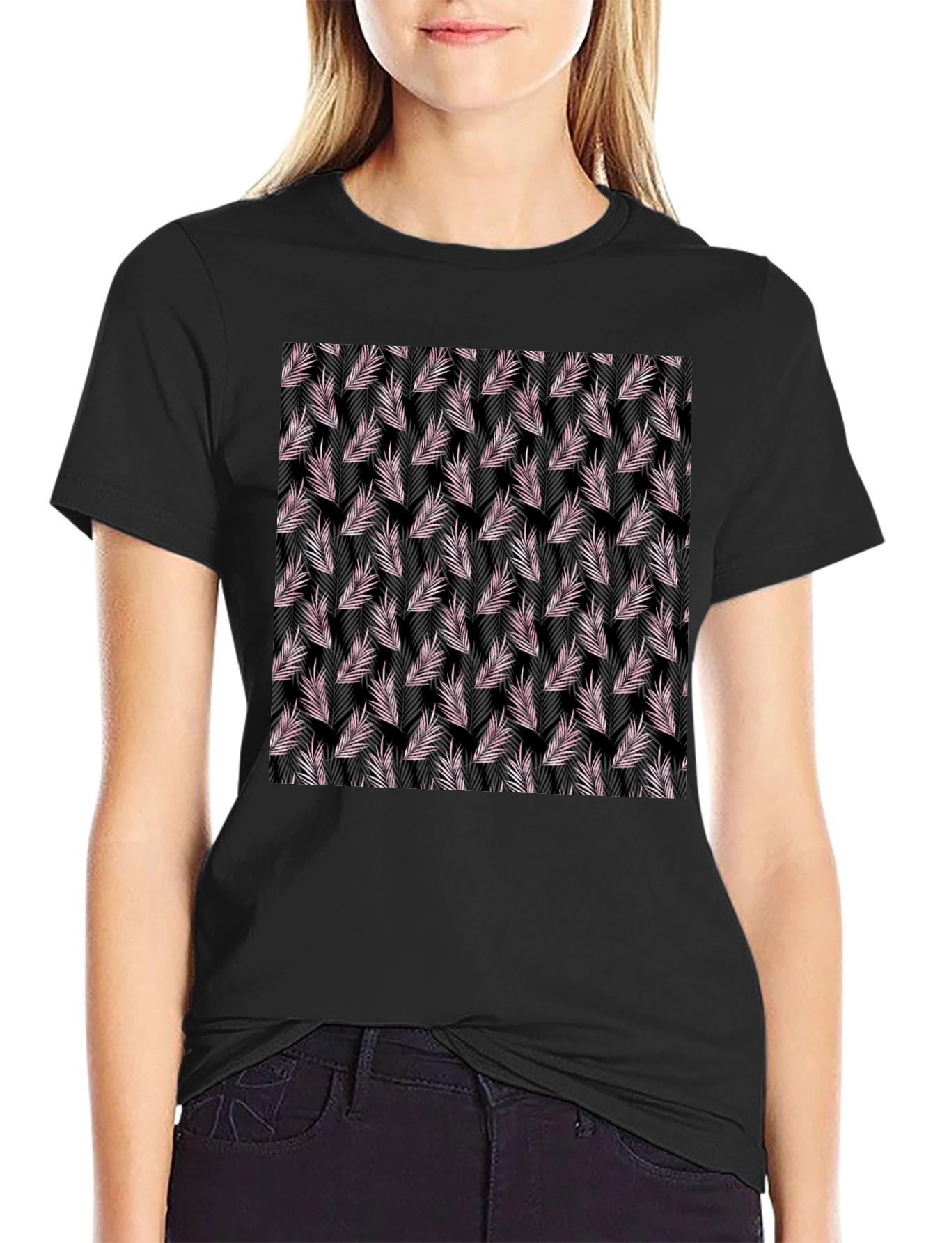 Black Tropical Leaf Pattern Black T-Shirt view 2