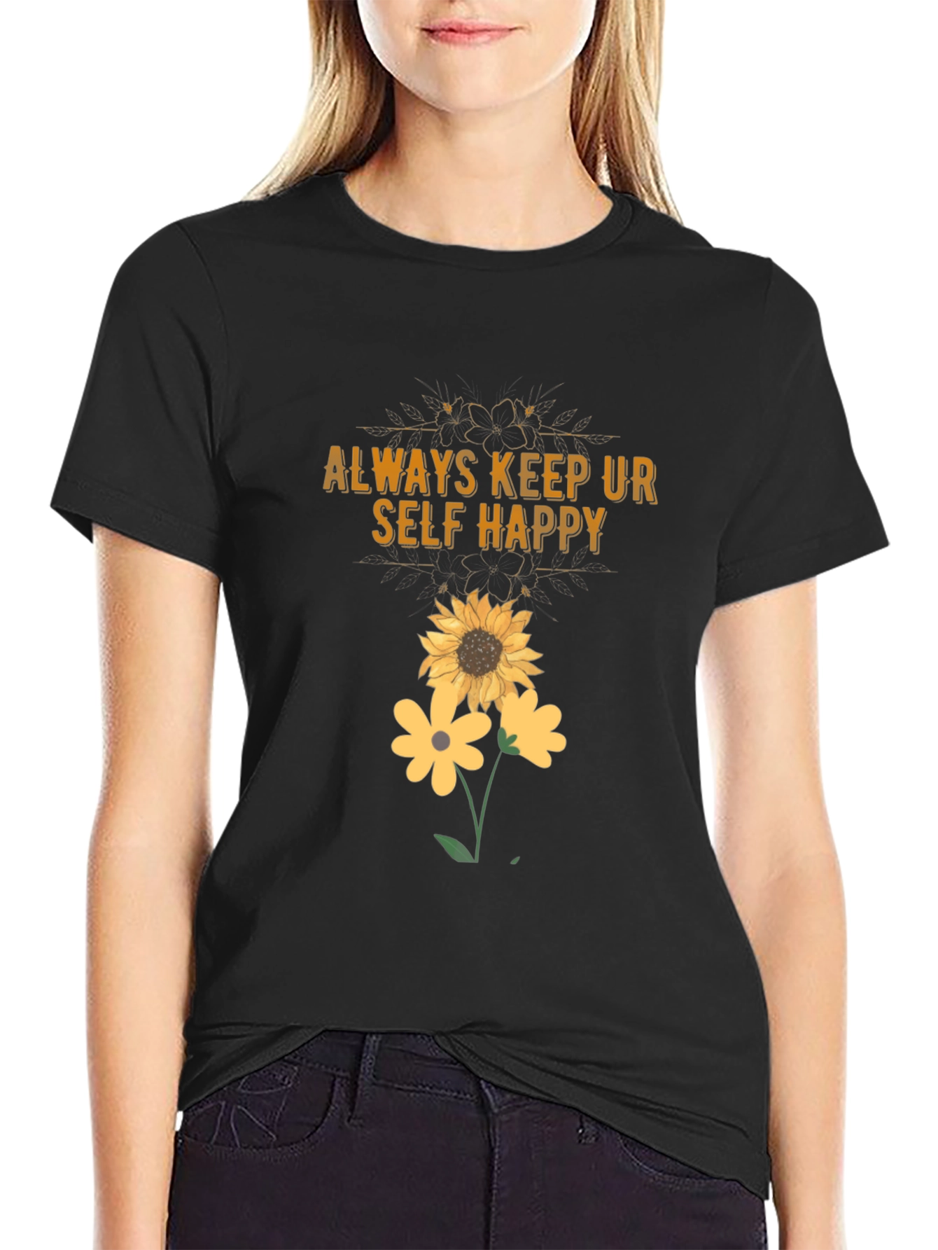 Black Always Keep Ur Self Happy T-Shirt Sunflower Graphic Tee view 2