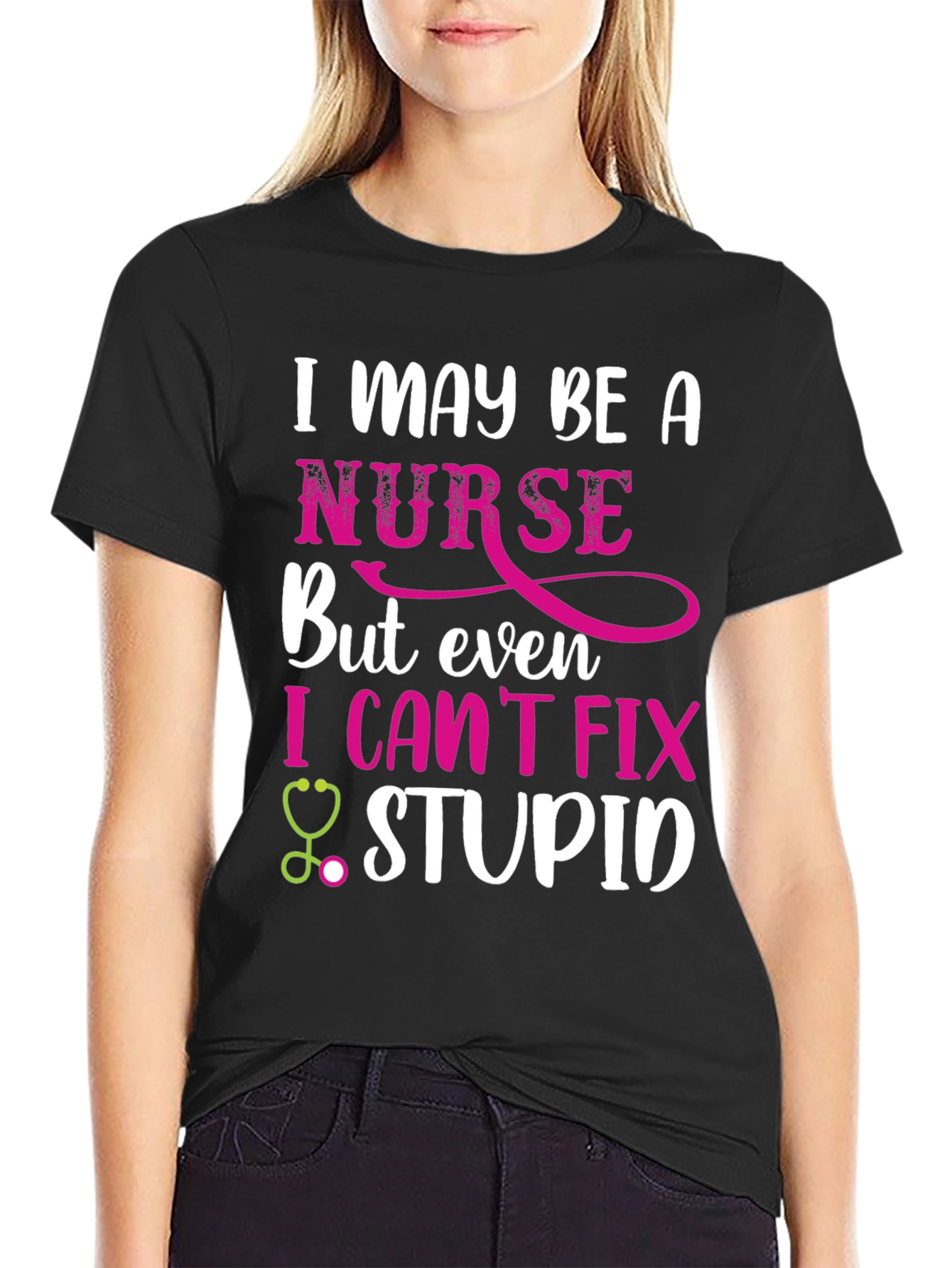 Black Funny Nurse T-Shirt - I Can't Fix Stupid view 2