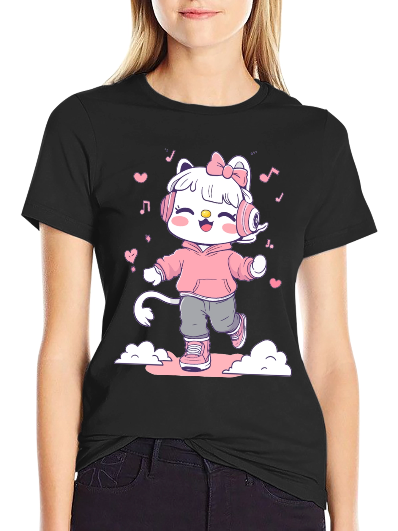 Black Cute Cartoon Cat on Black T-Shirt view 2