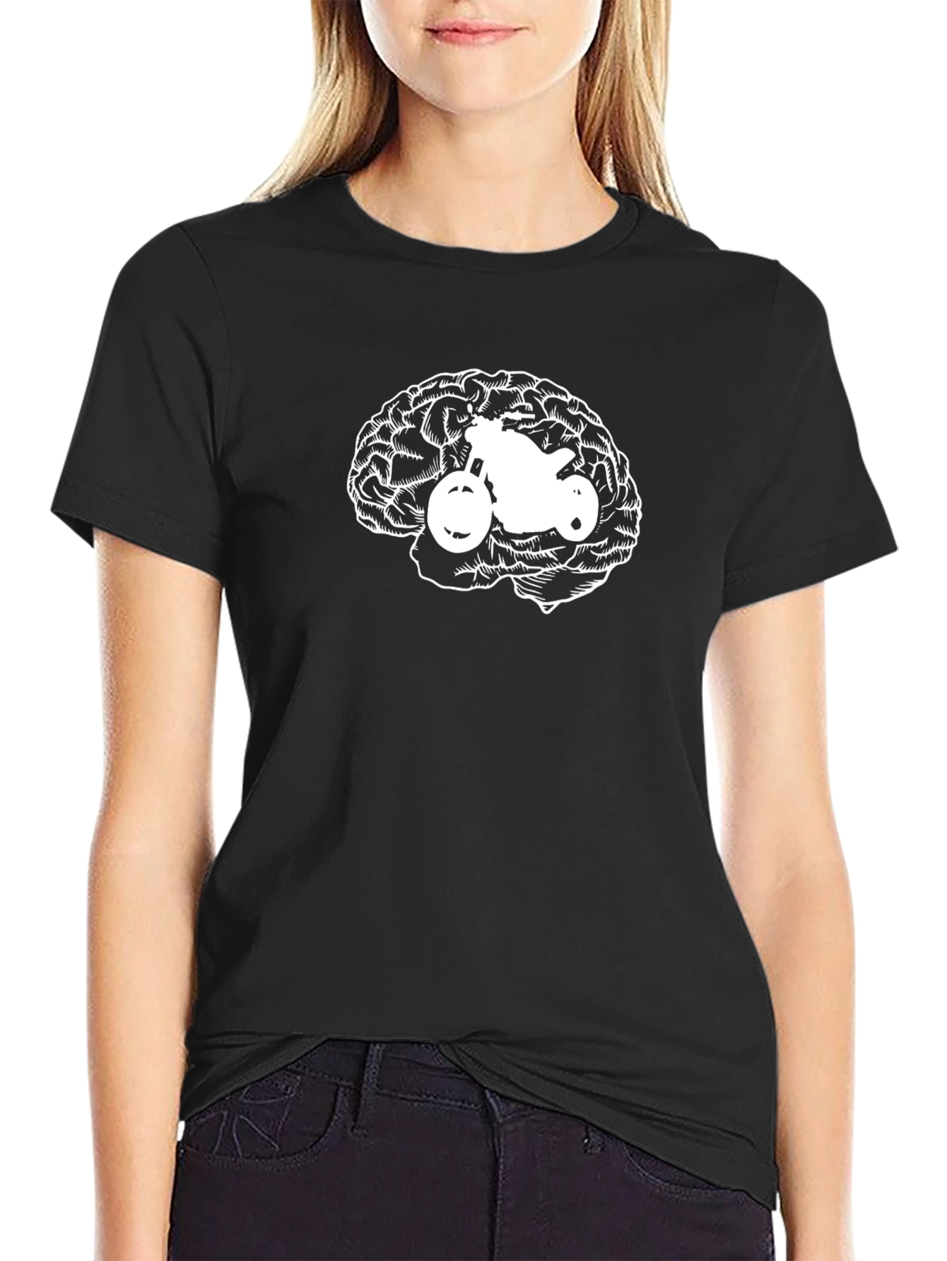 Black Motorcycle Brain T-Shirt - Black Crew Neck view 2