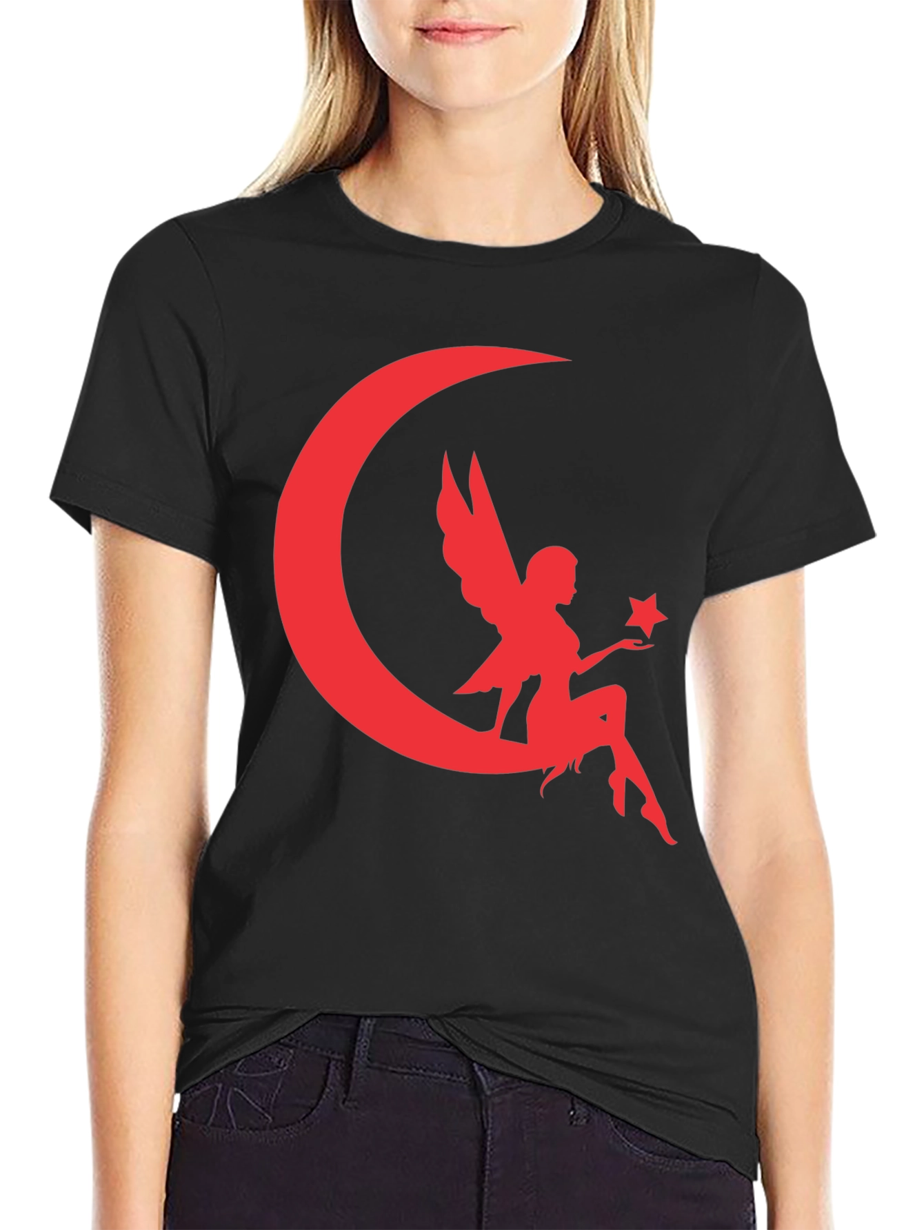 Black Fairy Moon Graphic Tee - Black Cotton Blend T-Shirt view 2