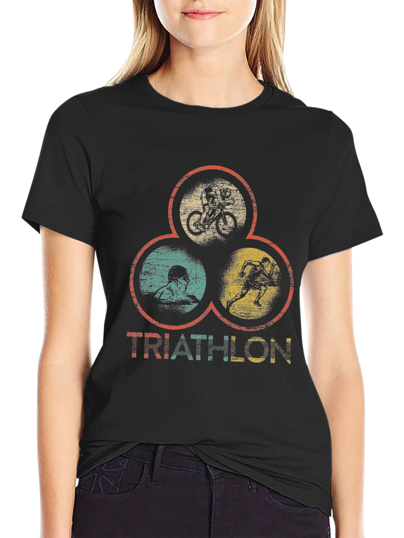 Black Triathlon T-Shirt: Vintage Style Sports Tee view 2