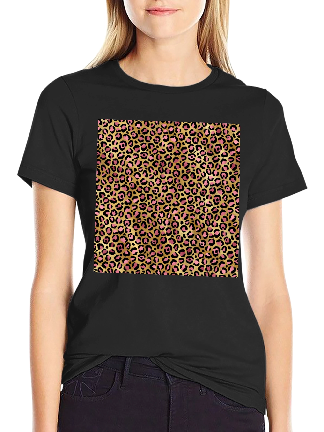 Black Leopard Print Graphic Tee - Gold & Pink view 2