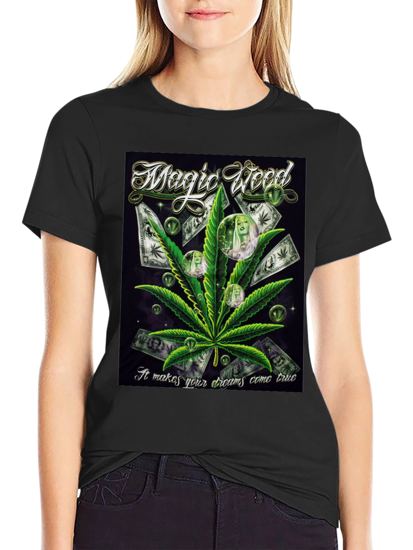 Black Magic Weed Graphic Print Black T-Shirt view 2