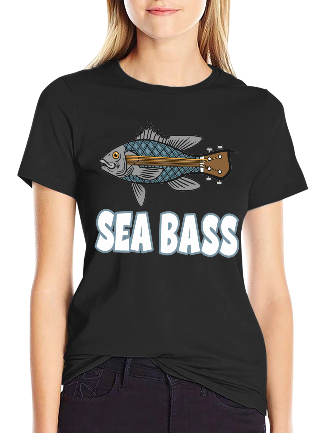 Black Sea Bass Guitar T-Shirt - Funny Music Fishing Tee view 2