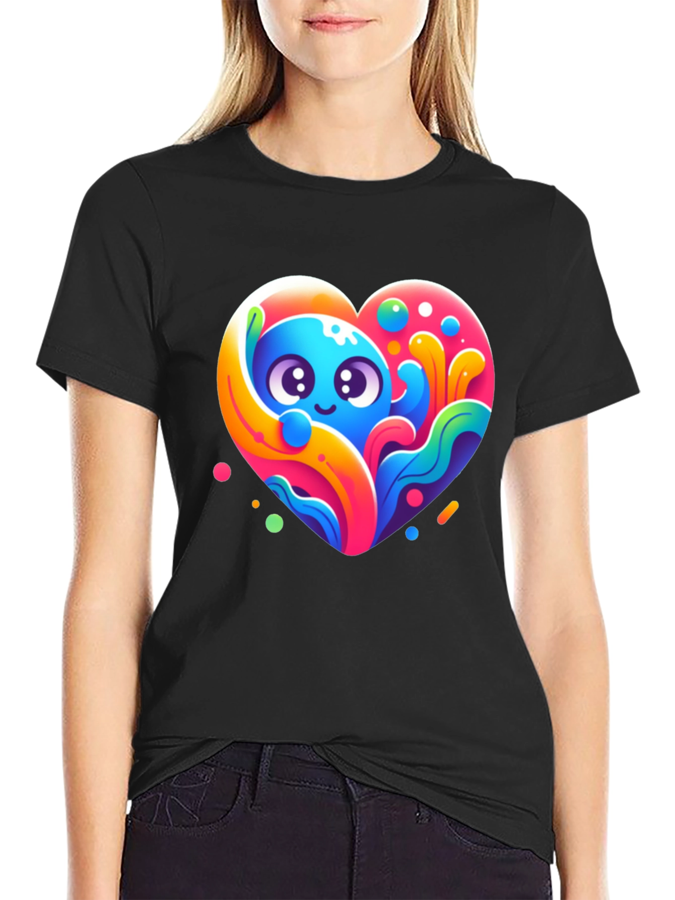 Black Cute Cartoon Heart Graphic Black T-Shirt view 2