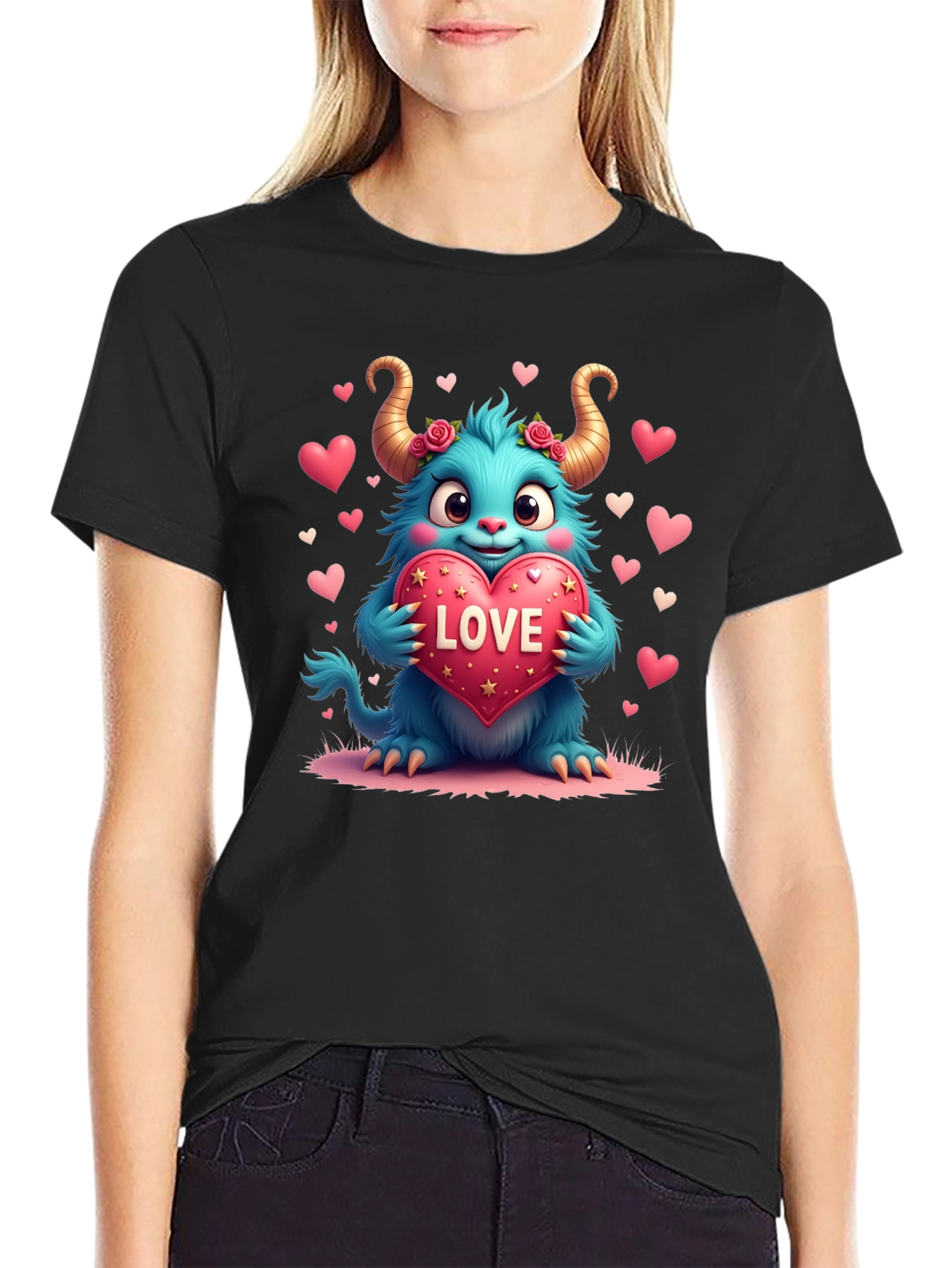 Black Monster Love Graphic Tee - Heart Valentine's view 2