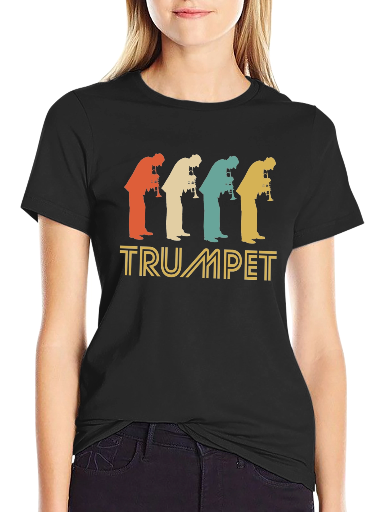 Black Vintage Trumpet Player Silhouette T-Shirt view 2