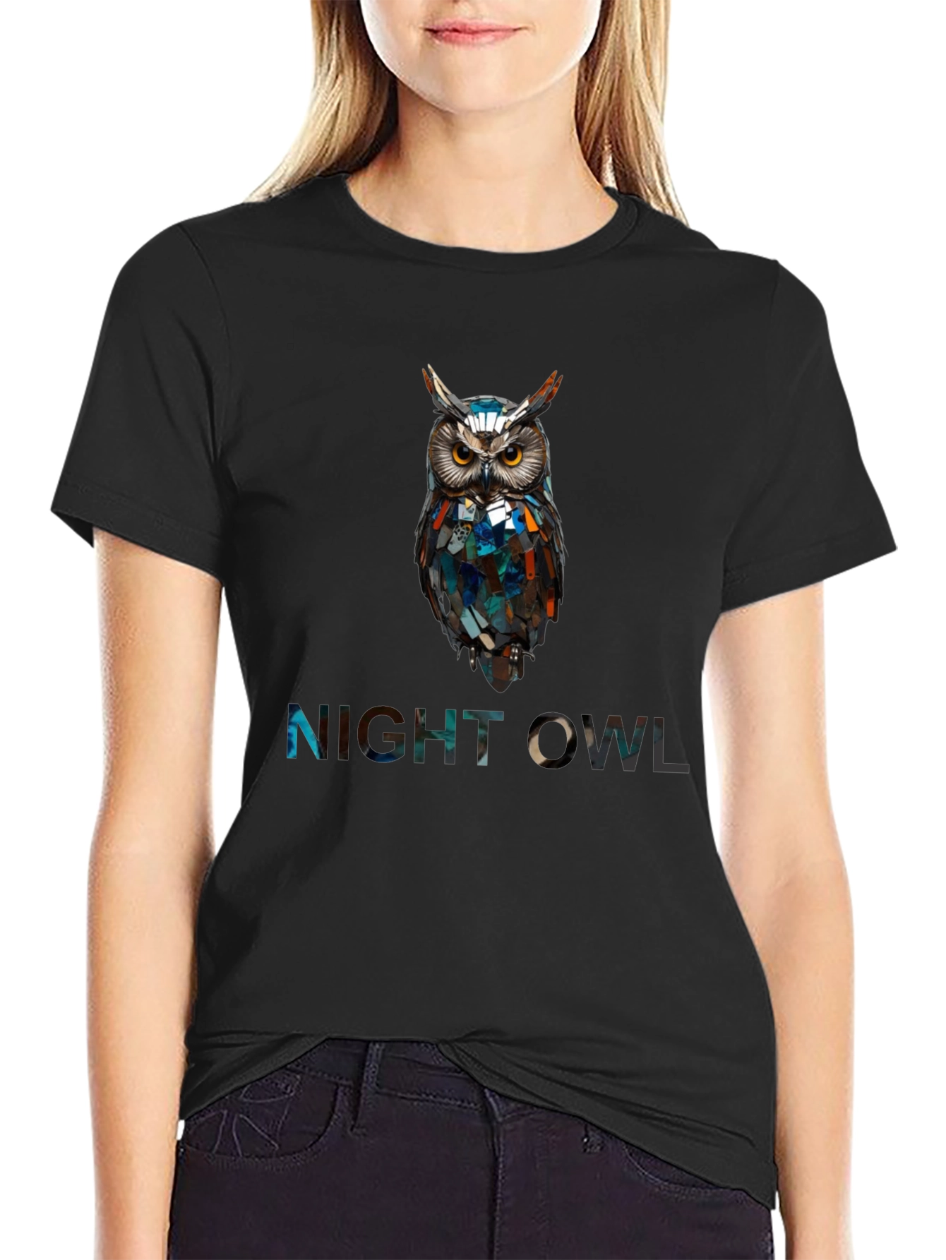 Black Night Owl Graphic Print T-Shirt view 2
