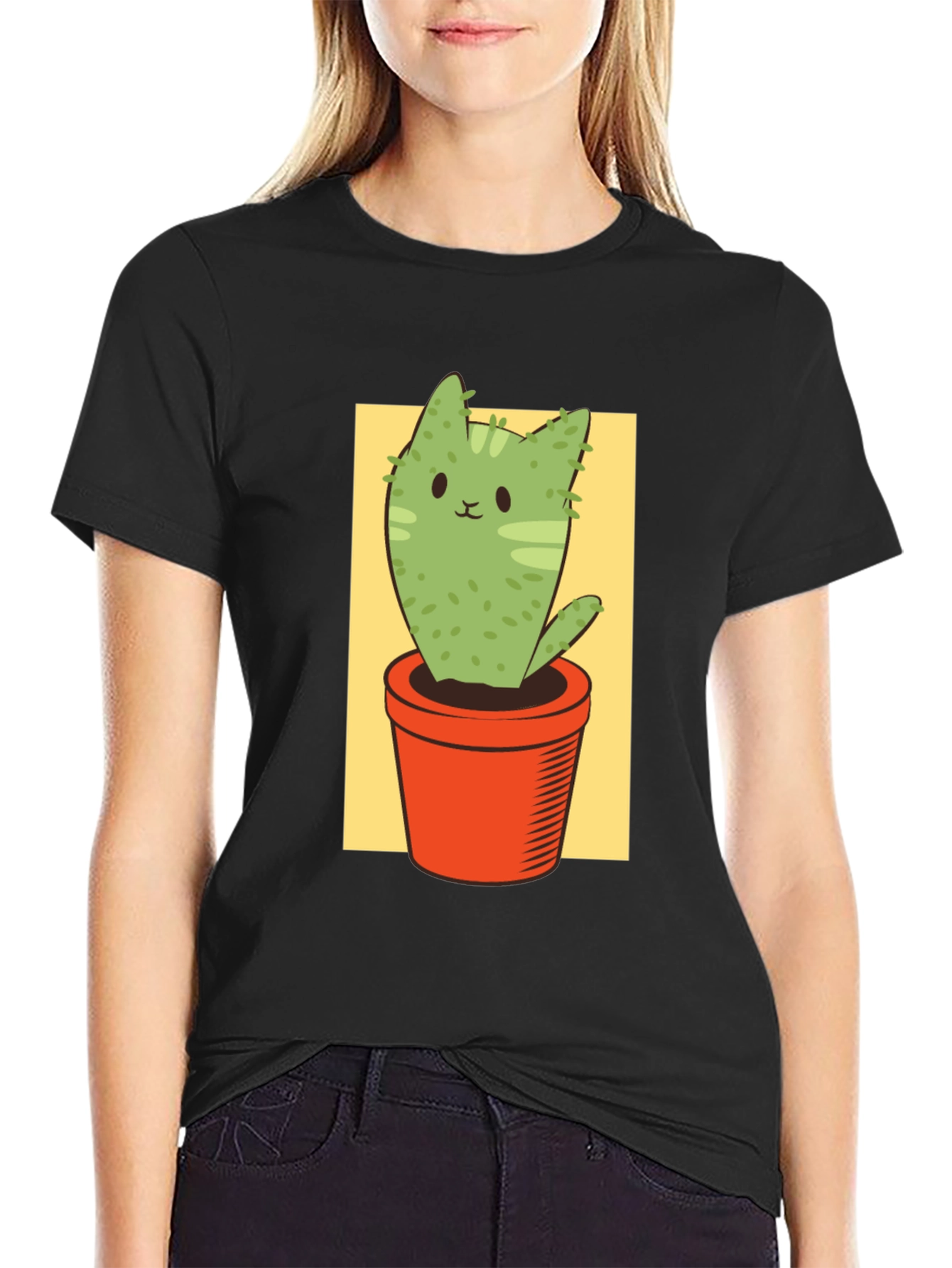 Black Cat Cactus Graphic Tee - Unisex Black T-Shirt view 2