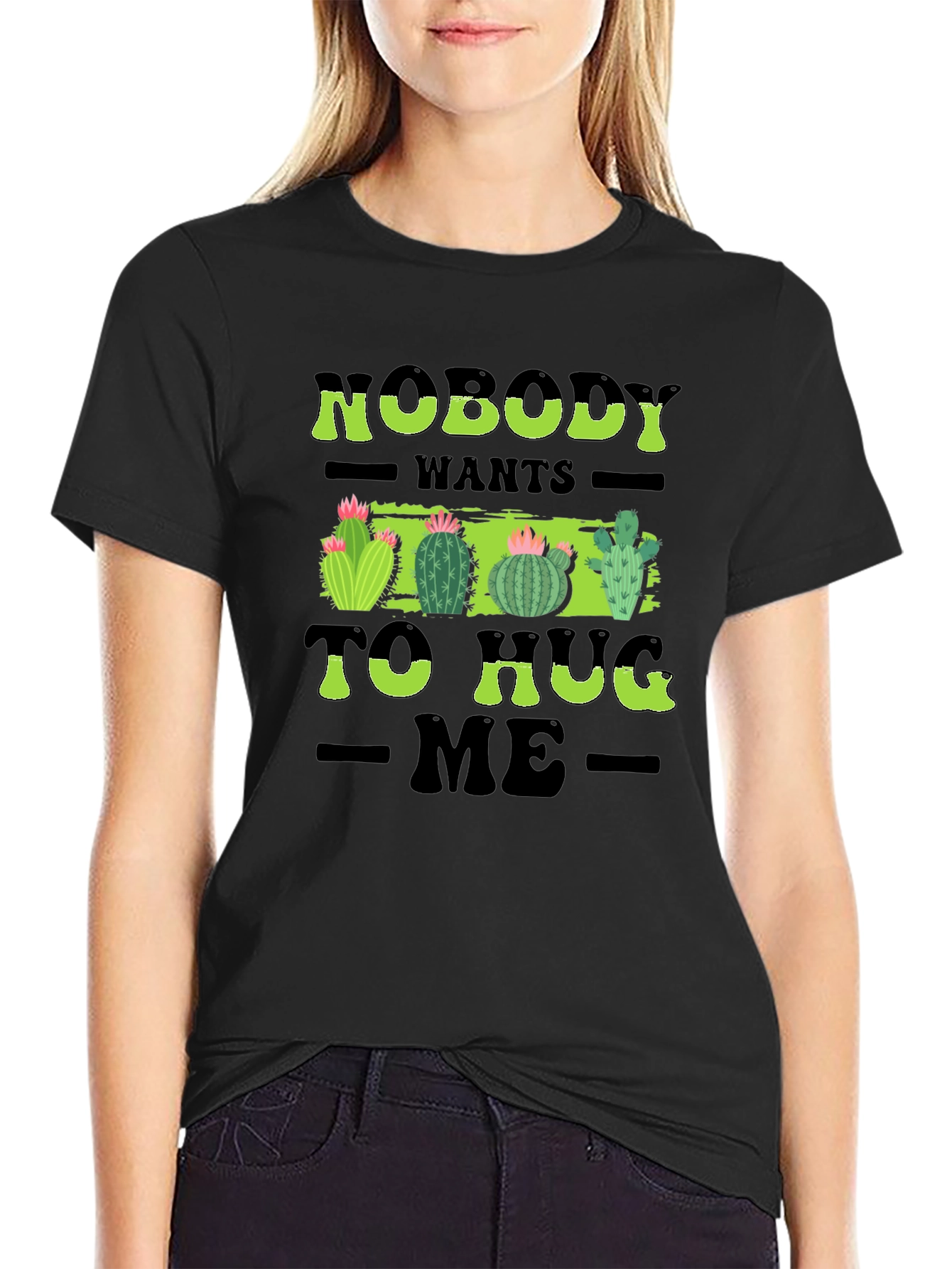 Black Nobody Wants to Hug Me Cactus T-Shirt view 2