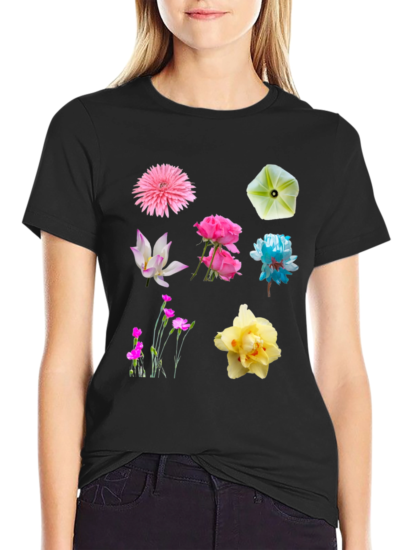 Black Floral Print Crew Neck T-Shirt view 2