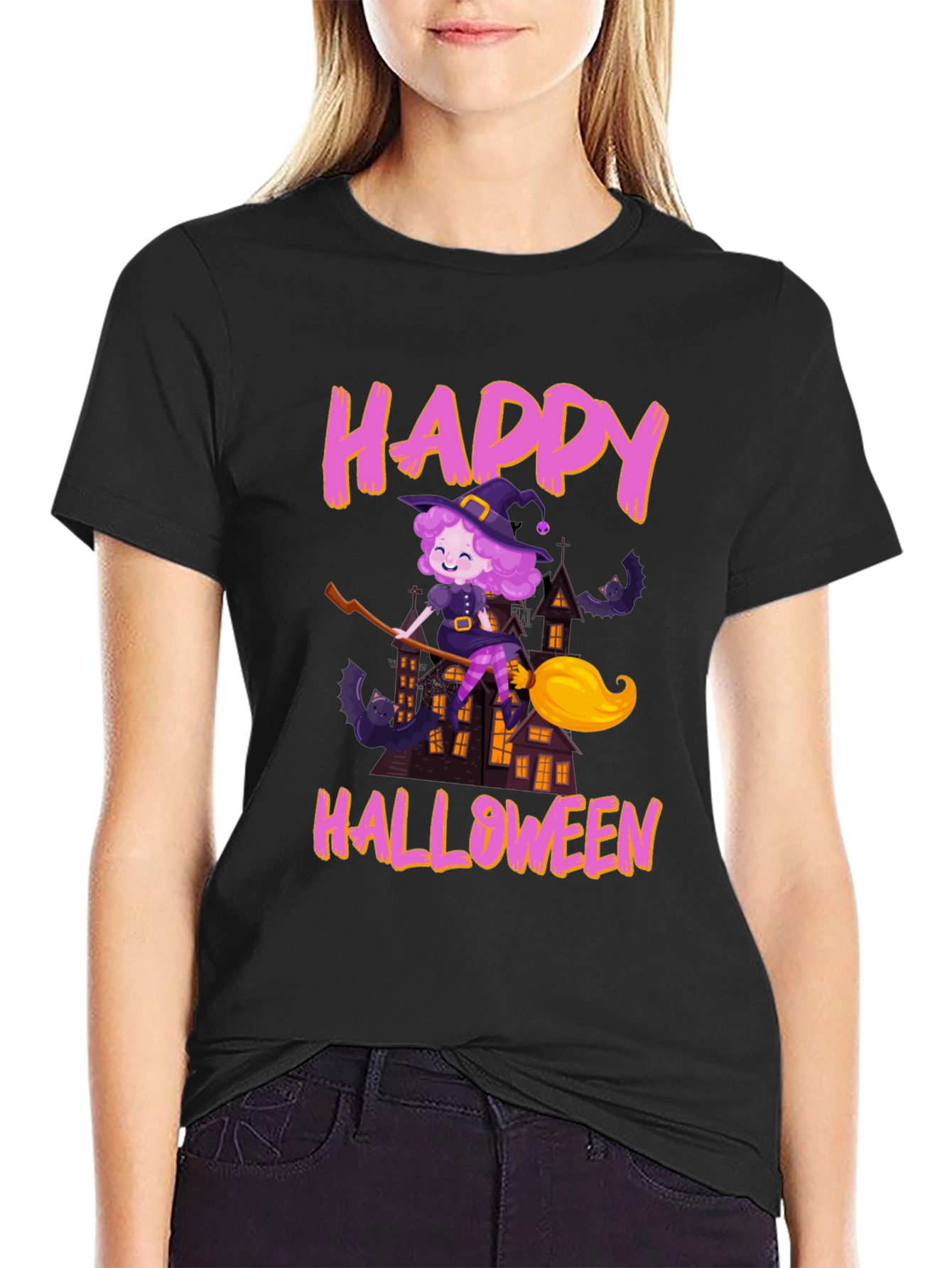 Black Happy Halloween Witch T-Shirt view 2