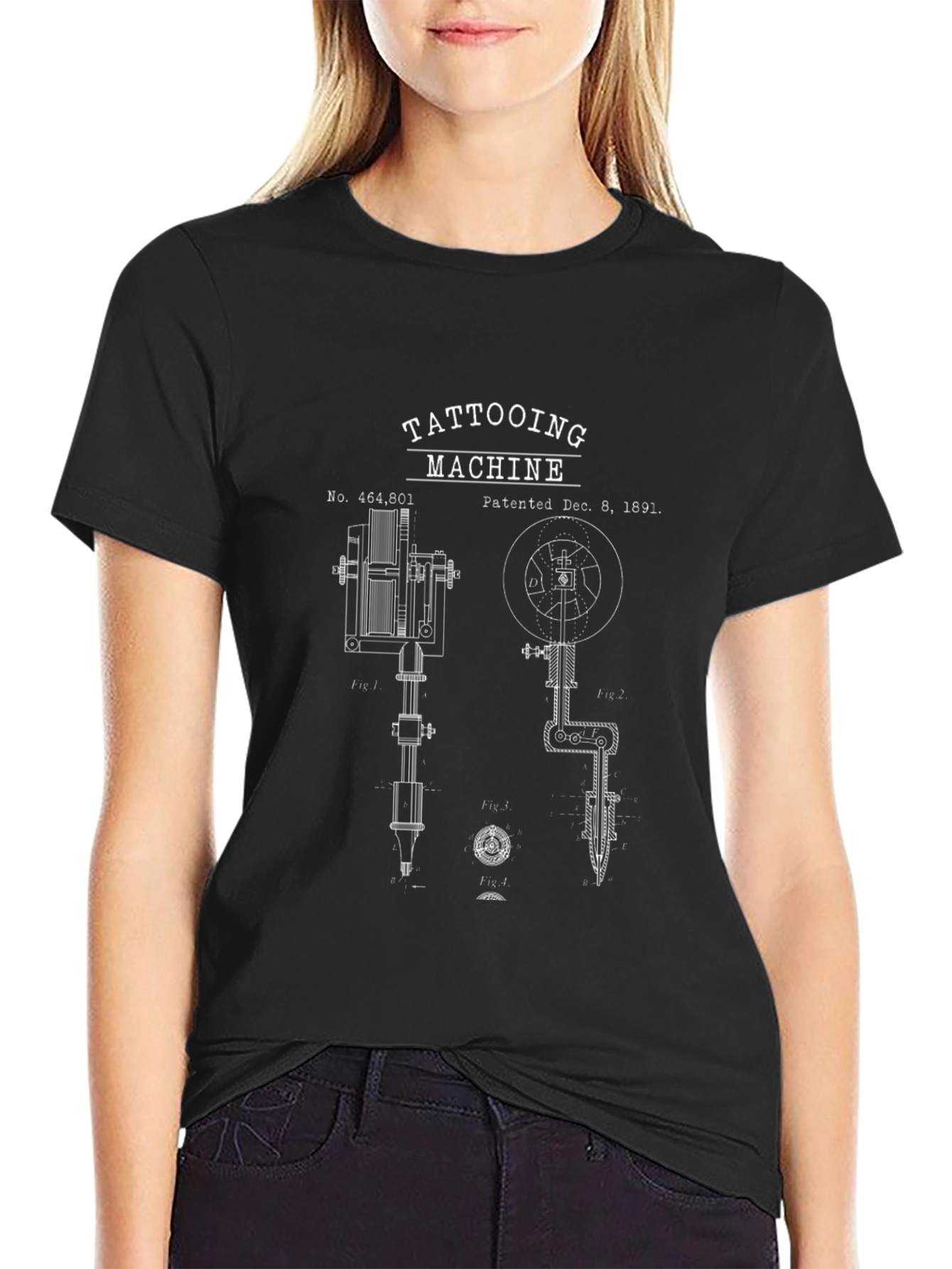 Black Vintage Tattoo Machine Blueprint Graphic T-Shirt view 2