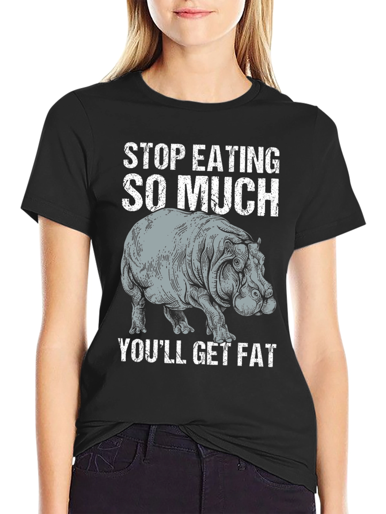 Black Stop Eating So Much Hippo Graphic T-Shirt view 2