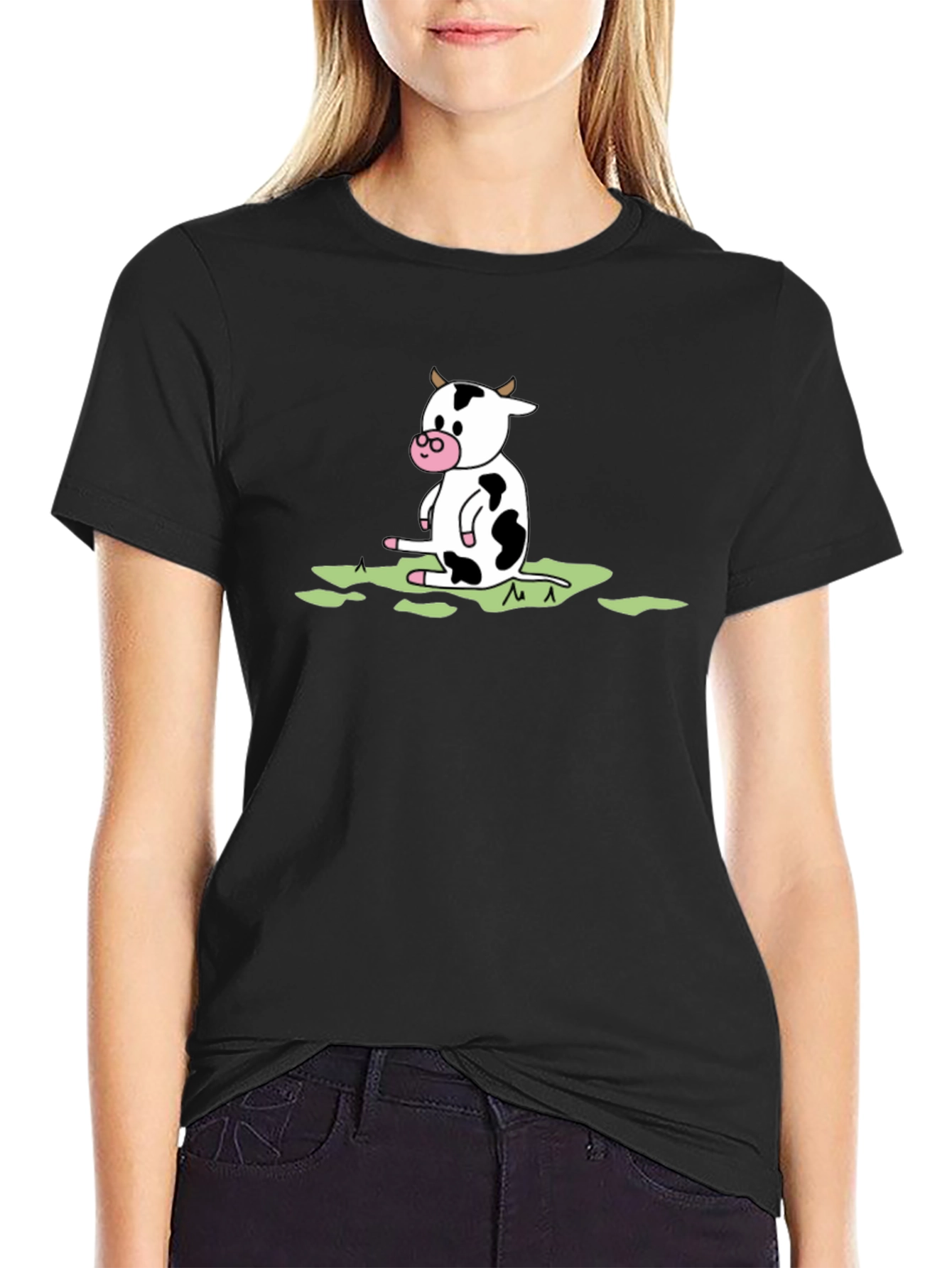 Black Cow Cartoon Graphic Tee - Black Cotton T-Shirt view 2