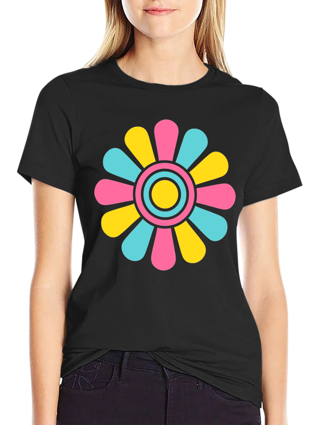 Black Retro Flower Power T-Shirt - Black Cotton Blend view 2