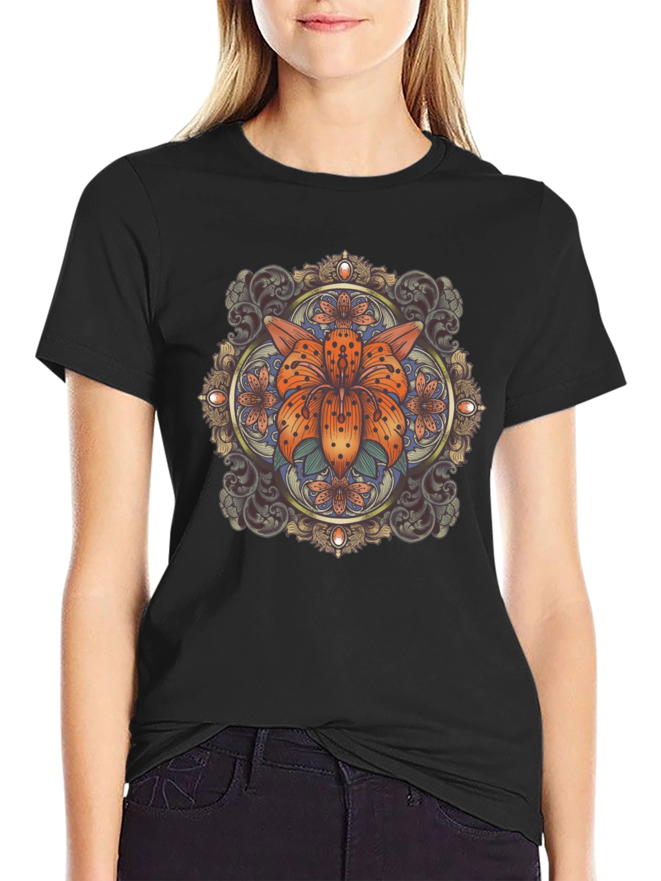 Black Floral Mandala Graphic Tee - Stylish Black T-Shirt view 2