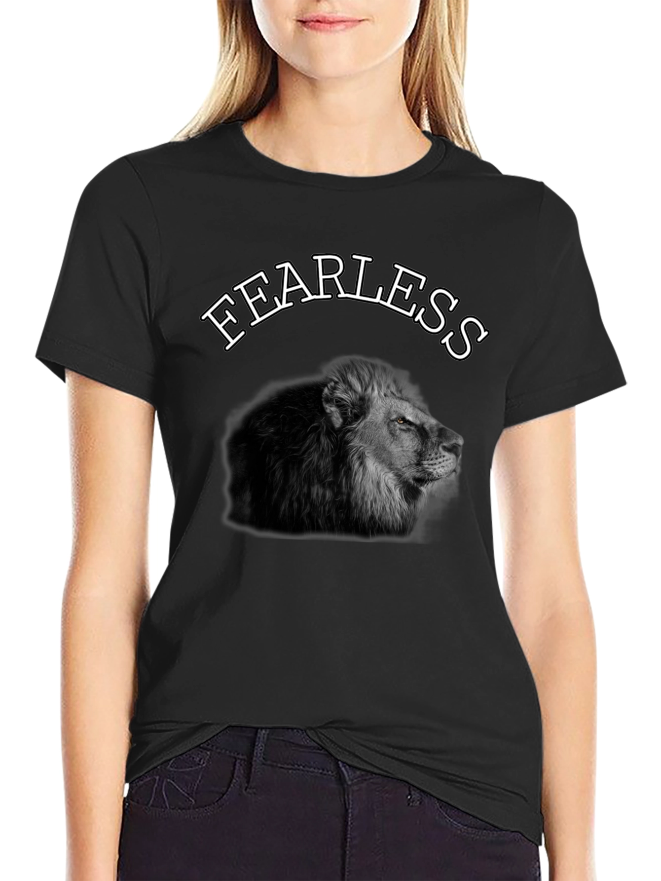 Black Fearless Lion Graphic Tee - Black Cotton T-Shirt view 2