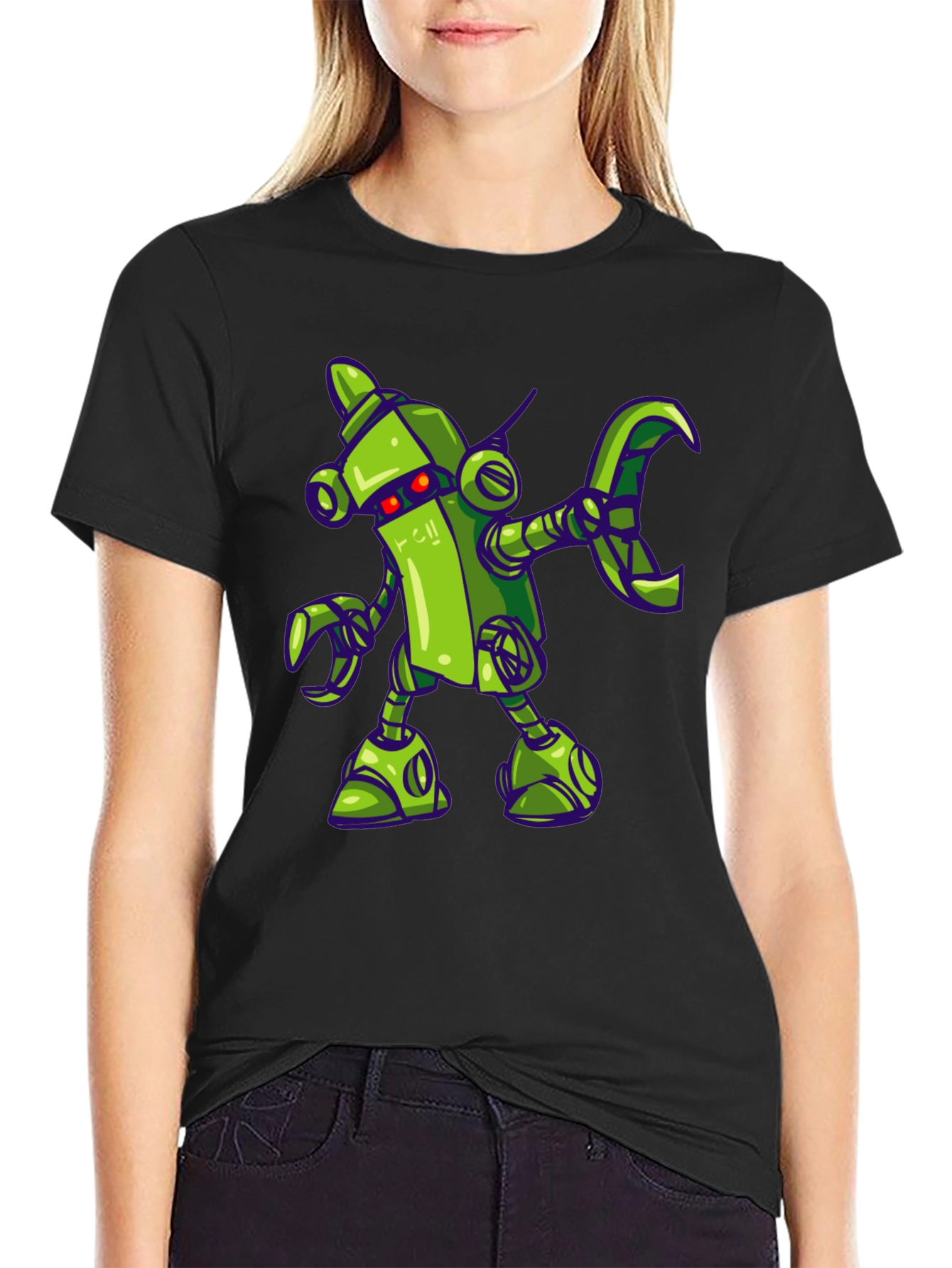 Black Cartoon Robot Graphic Tee - Black Cotton Shirt view 2
