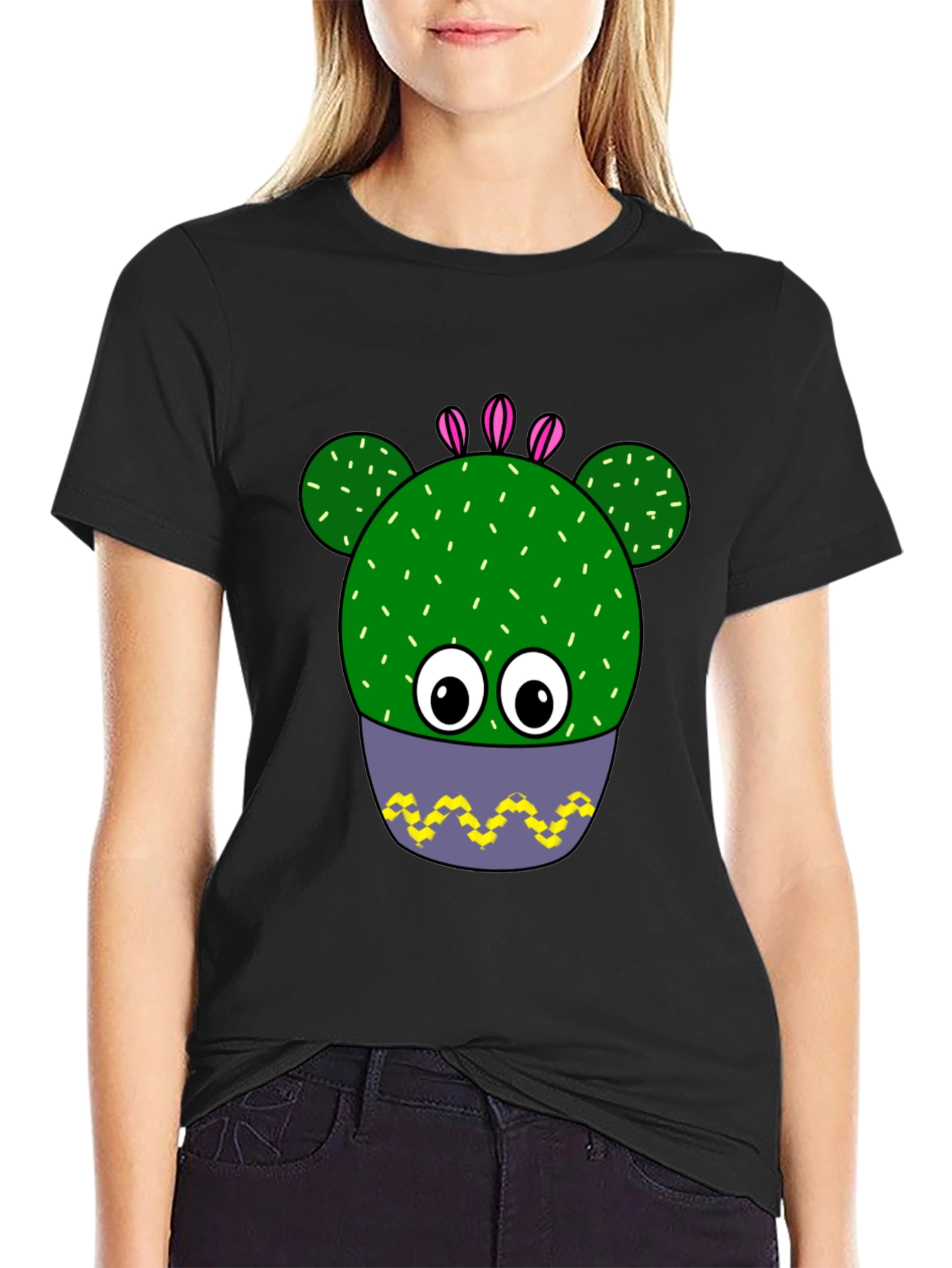 Black Funny Cactus Plant Graphic Print T-Shirt view 2