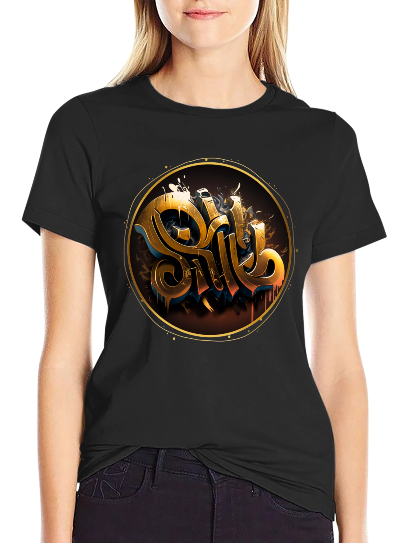 Black Gold Letter Graphic Black Tee - Stylish Casual Wear view 2