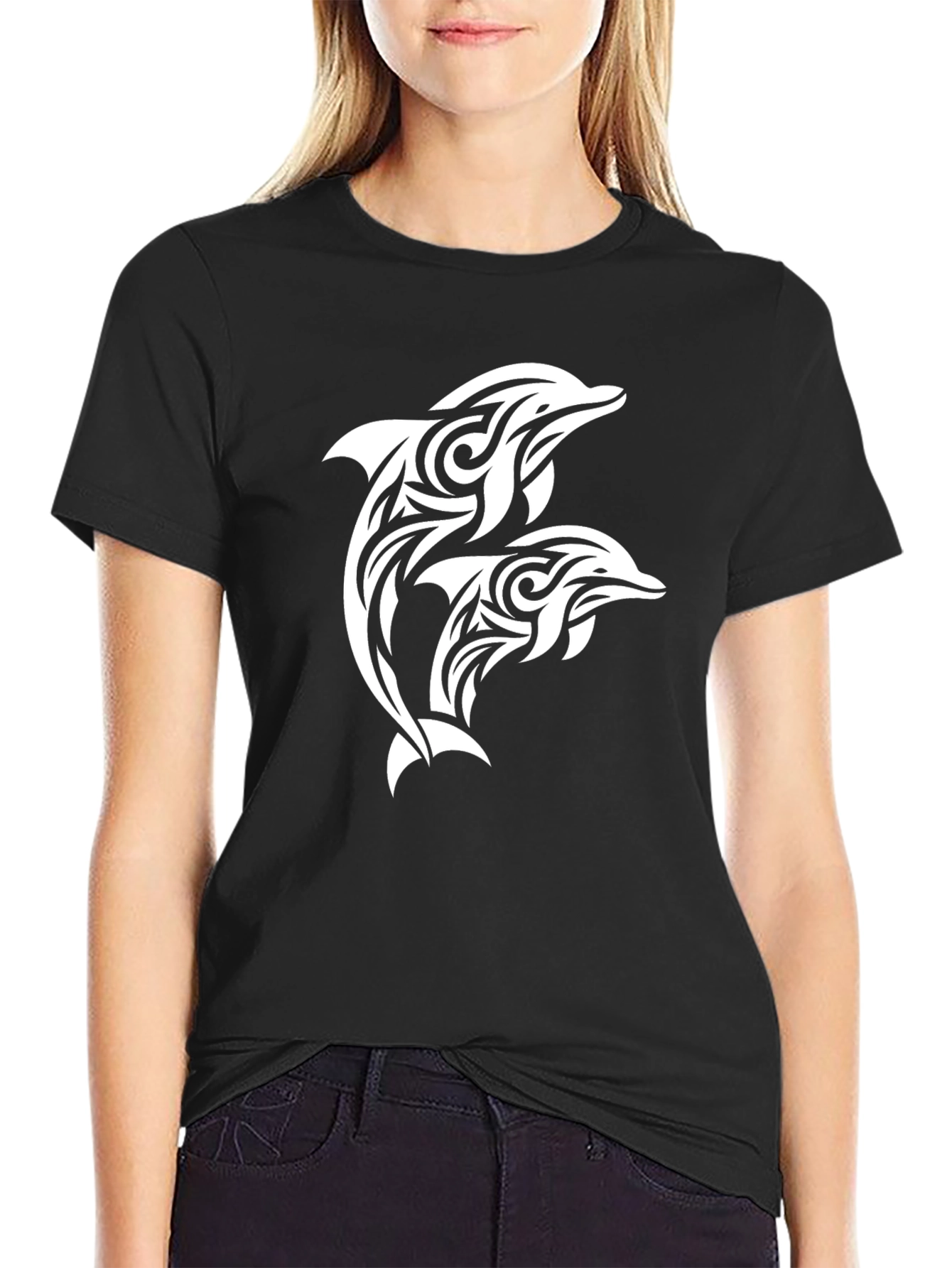 Black Tribal Dolphin Graphic Tee - Black Cotton Blend view 2