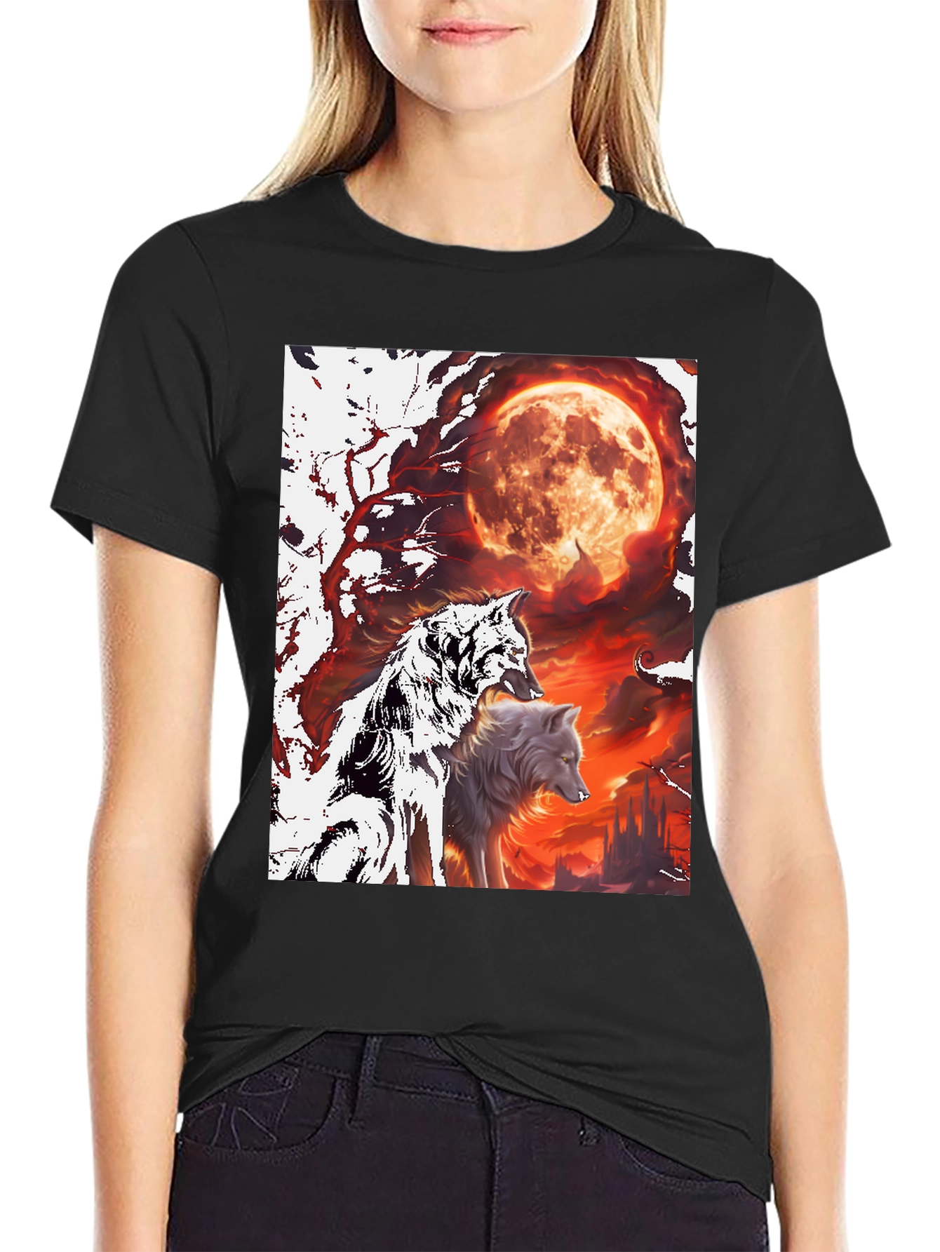 Black Wolf Pack Moon Graphic Tee - Black Cotton view 2