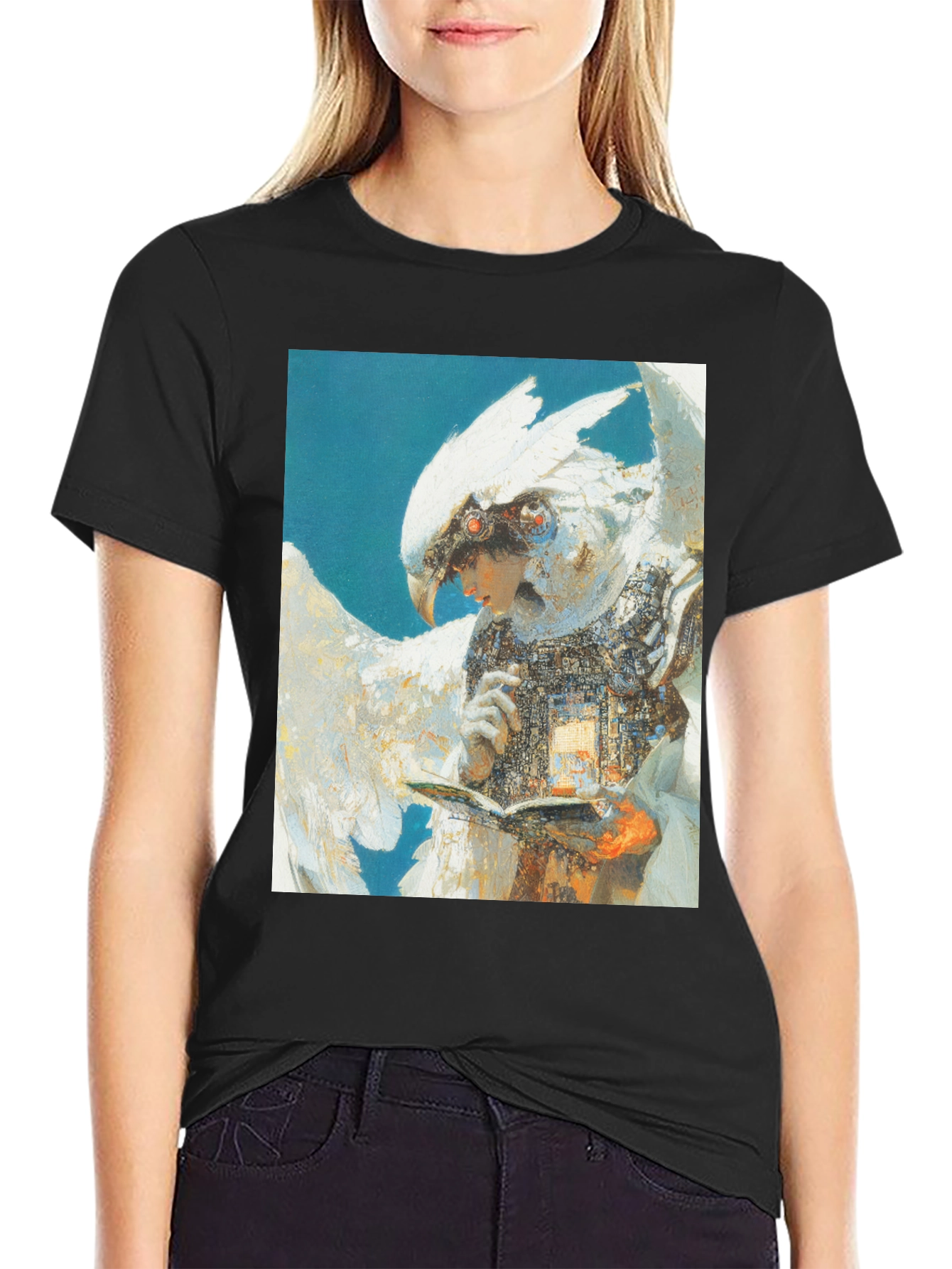 Black Futuristic Bird-Human Hybrid Graphic Tee view 2