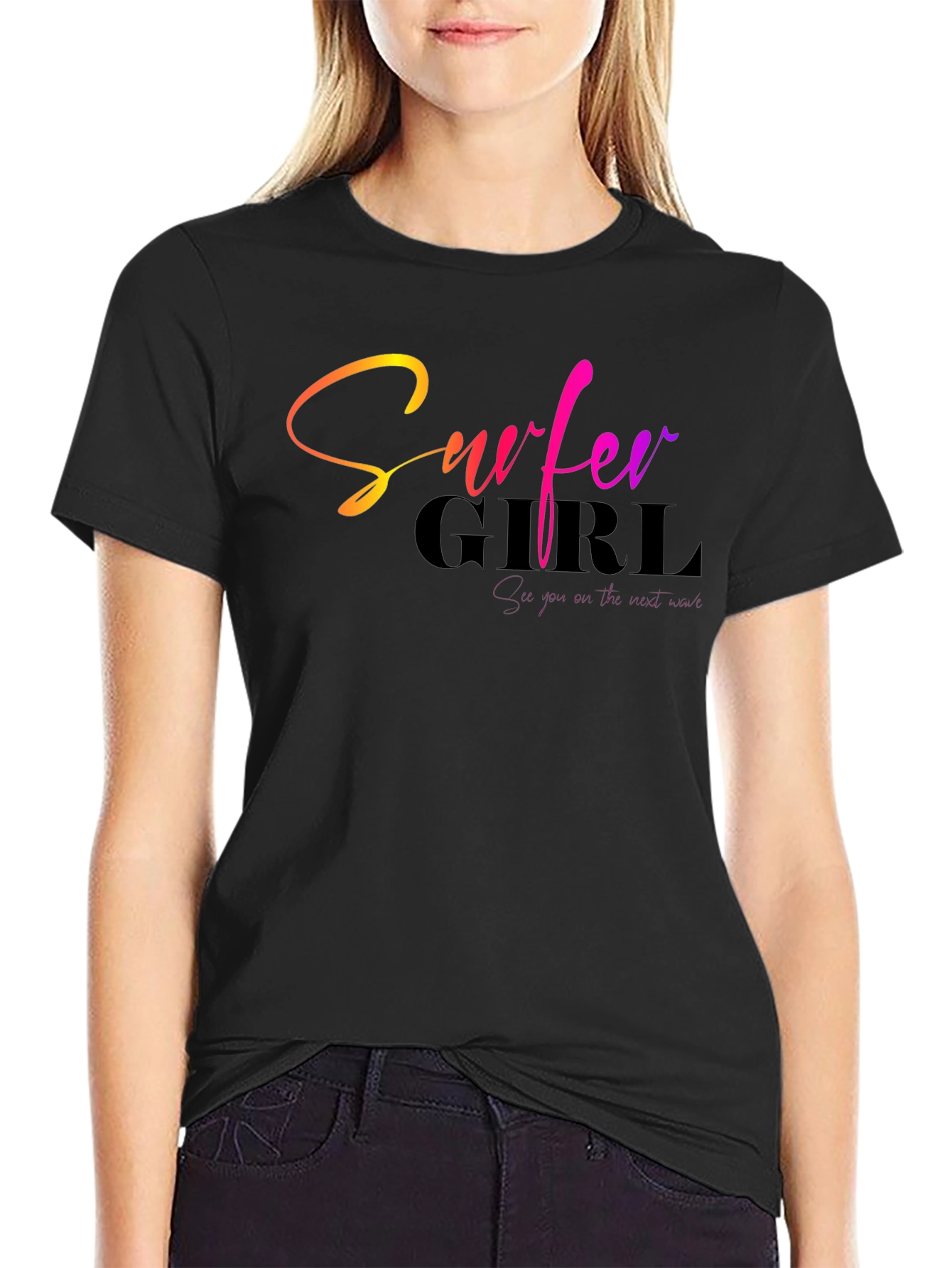 Black Surfer Girl Gradient Text Black T-Shirt view 2