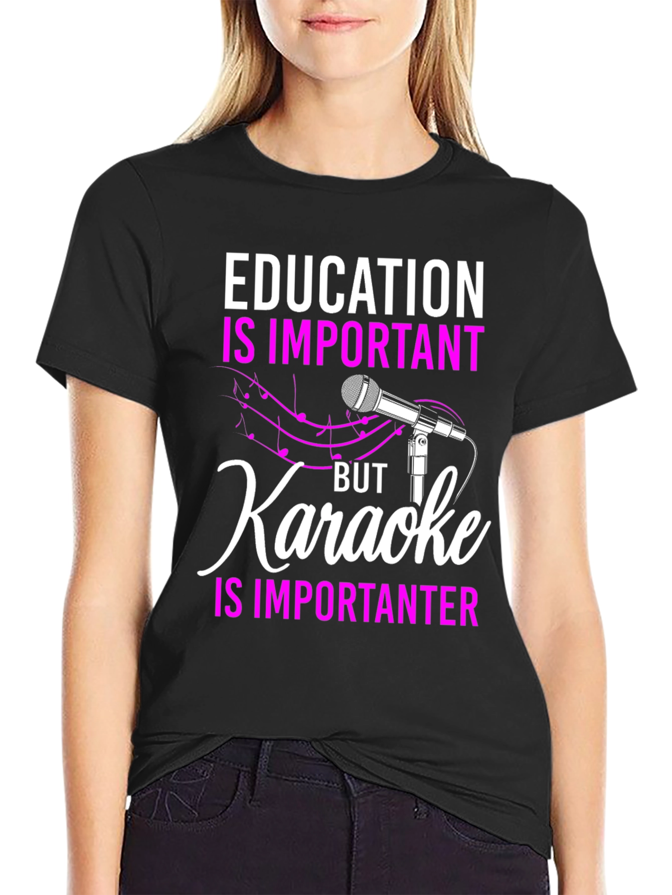 Black Funny Karaoke Lover T-Shirt: Education is Important, But... view 2